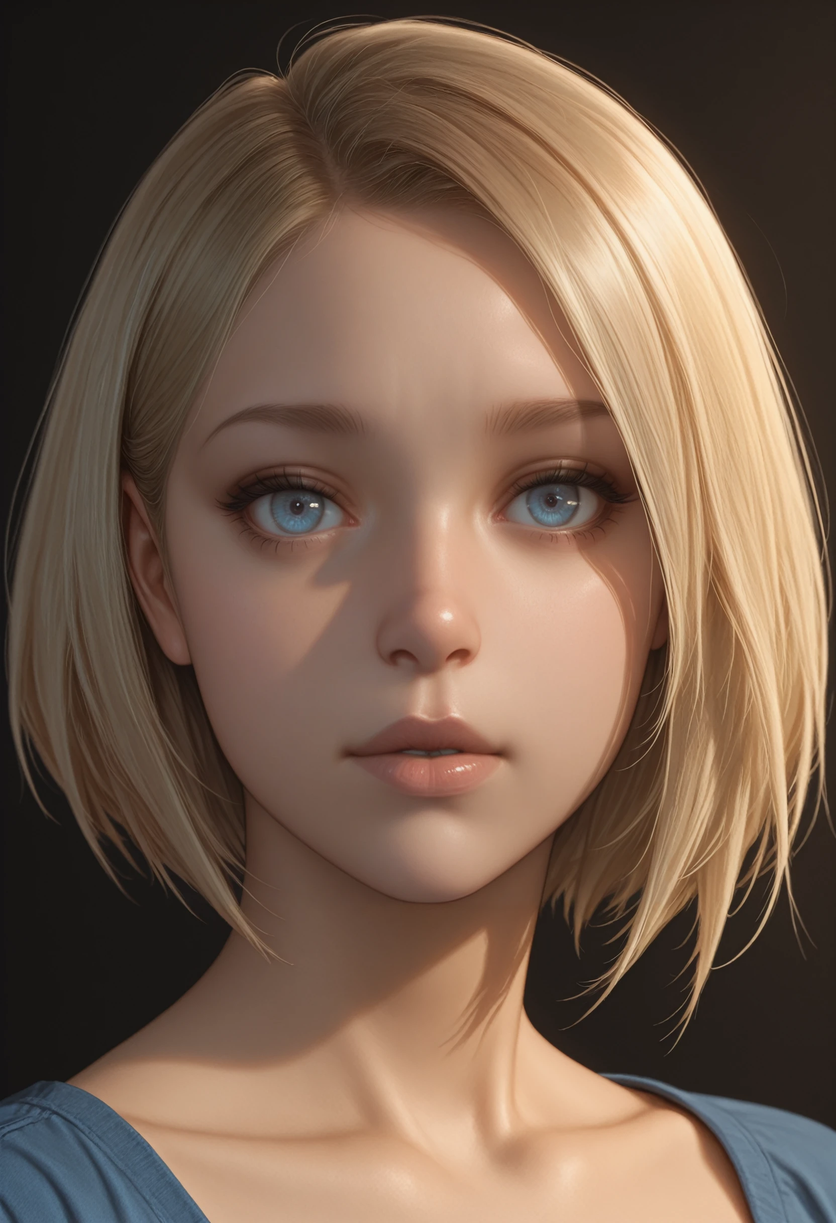 a 20 yo woman, (eyes on view), (half body), (full face), blonde, (messy short hair), head turn right, dark theme, soothing tones, muted colors, high contrast, (detail hair), (natural skin texture, hyperrealism, sharp)