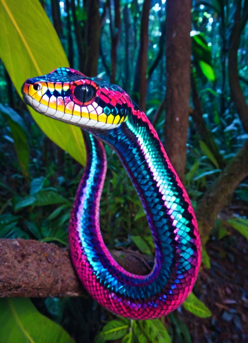 photo, realistic, shot on canon, 85mm, depth of field, bokeh, reptile, national geographic cinematic photo of a (kaleidoglass prismatic:1.3) snake in a forest, skin made of kaleidoglass, kaleidoglass flowers in the background, lush tropical jungle rainforest, prismatic glass skin, iridescent animal, <lora:kaleidoglass_v2_epoch_10:1.4000000000000004>