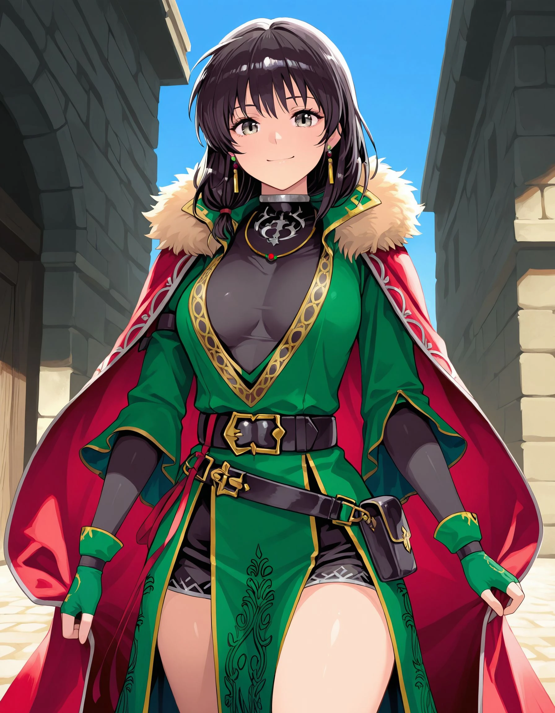 Cowboy shot,feet out of frame,asc_mareeta, jewelry, belt, red cape, earrings,looking at viewer, green fingerless gloves, fur trim, gloves, medium breasts,belt pouch, pouch, green dress, long sleeves, pelvic curtain, green gloves, outdoors,(masterpiece, best quality, ultra-detailed, best shadow)