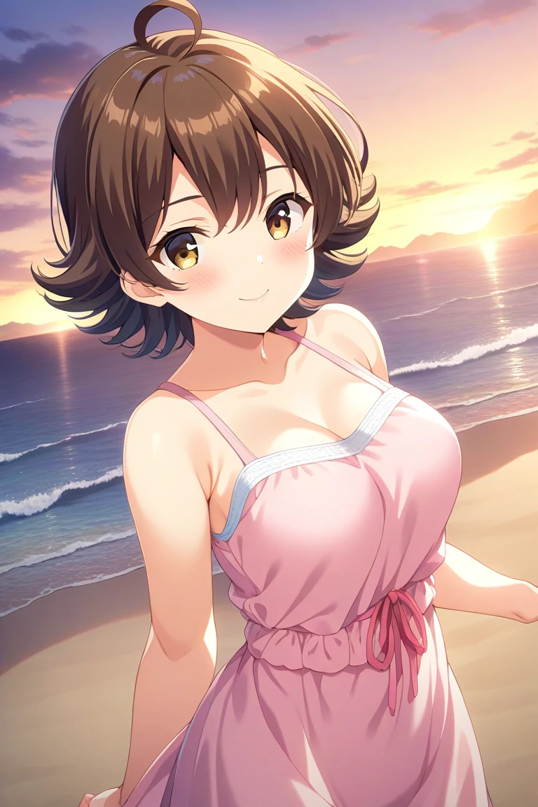 realistic, Golden hour lighting, midi dress, (Upper body), (idol), (Charming: 1), (purple short hair: 0.8), ((Puffy eyes)), Facing forward, Smiling, Laughing,Middle chest,