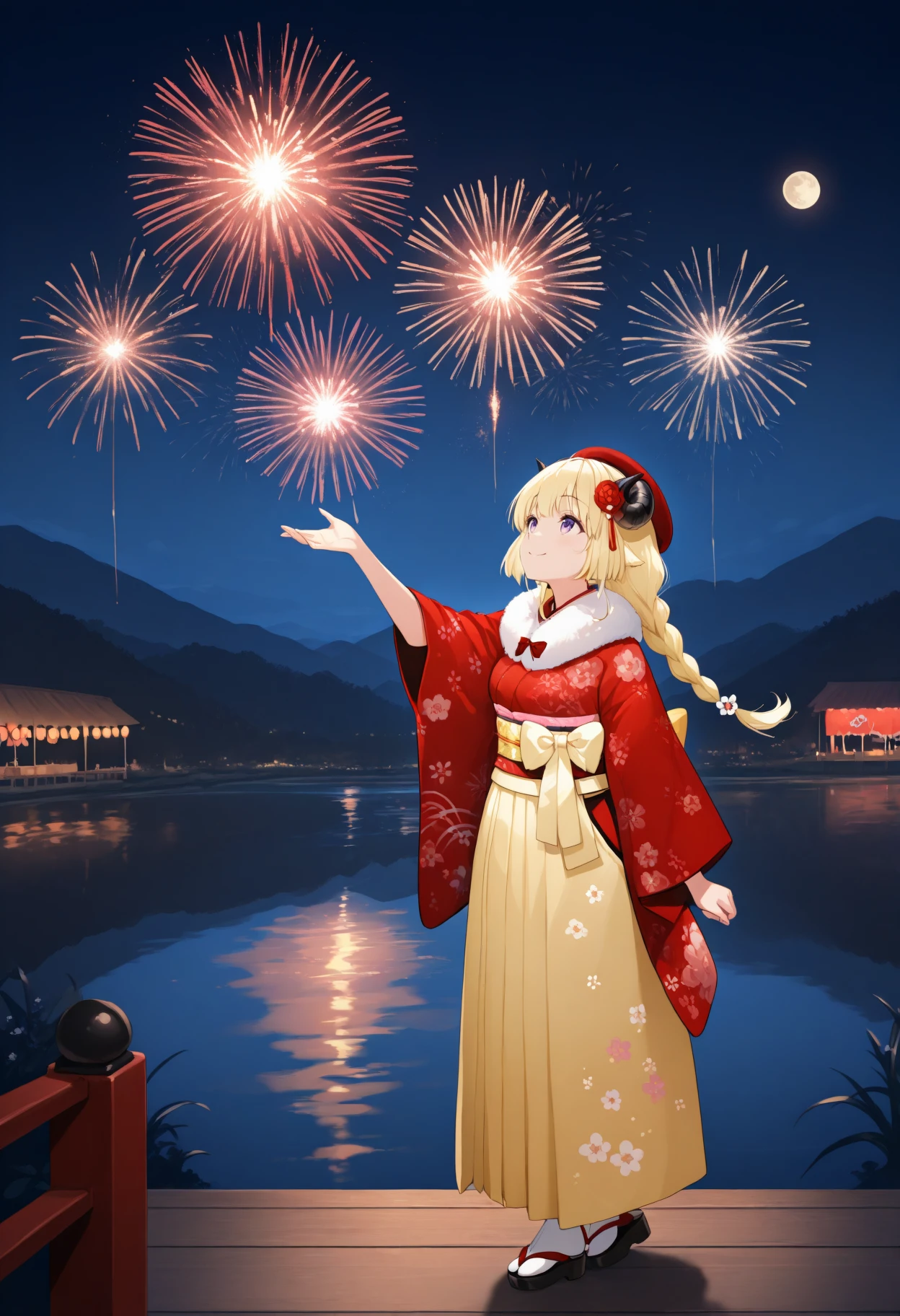 masterpiece, best quality, 1girl, solo, W4tameNwYrs, horns, blonde hair, purple eyes, twin braids, hair flower, red kimono, yellow hakama skirt, bow, floral print, sash, fur scarf, red beret, wide shot, outdoors, night, moon, aerial fireworks, dark, festival, lake, looking up, smile, <lora:ChamTsunomakiWatameNoob:1>