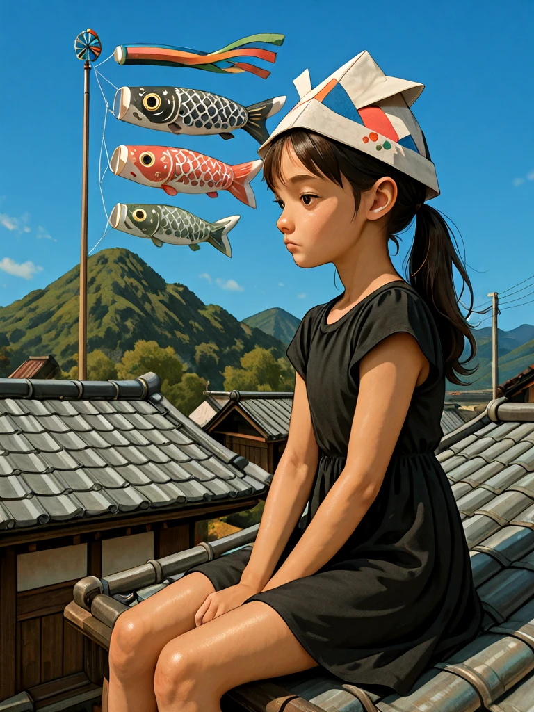 koinobori, windsock, kodomo no hi, 1girl, child, aged down, black dress, sky focus, looking down, sitting on roof, from side, overlooking, mountain, <lora:koinobori_ilxl:1>