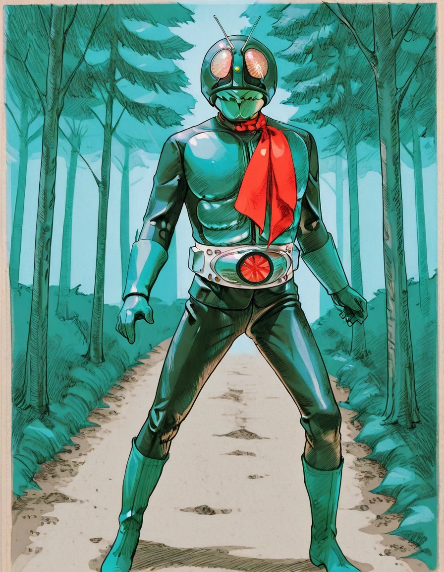 <lora:Kamen_Rider_Ichigo_Illustrious:1>1boy, solo, male focus, tokusatsu, belt, antennae, boots, rider belt, kamen rider ichigo, forest <lora:Marvel_vs._Capcom_2_New_Age_of_Heroes_Style:1> mvc2 style, hatching (texture)