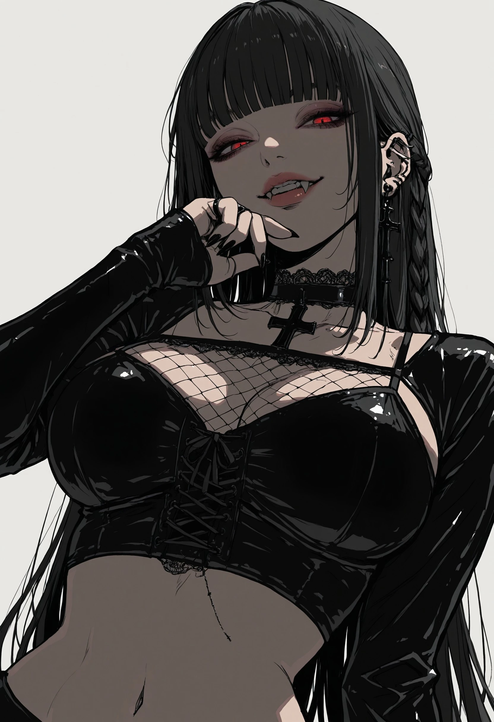 realism, realistic ,heavy mascara, black lipstick, emo, 1girl, hair over eye, black themed bauhaus room, nsfw, choker, neckalace, chains, large breasts,