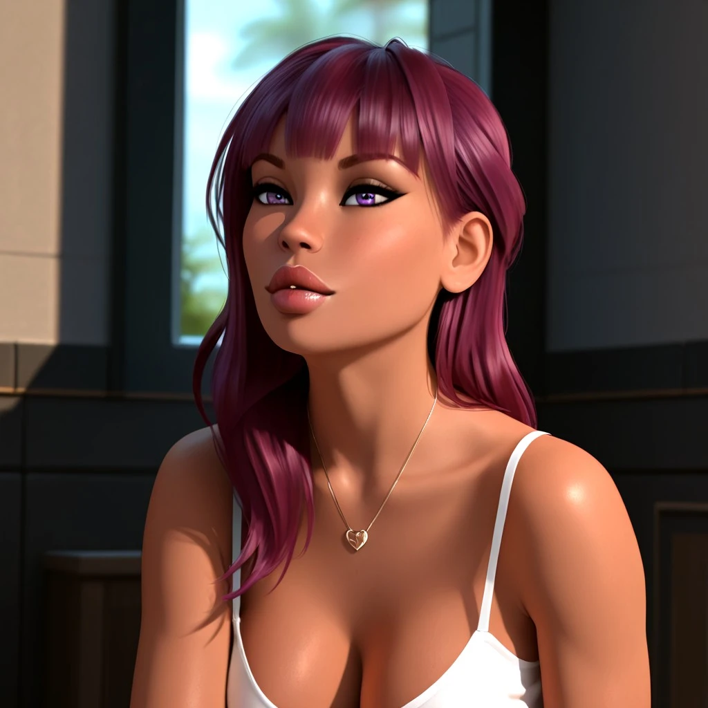 masterpiece, best quality, 1girl, sixofone, purple hair, short hair, blue eyes, red lips, tattoo, see-through, upper body, standing, looking at viewer, solo, outdoors, trees, park background <lora:SixofOneV2:1>