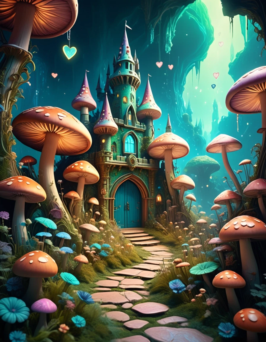 mesmerising, dreamy, ethereal, mystical portal, green and blue hues, castle  of hearts, colorful, vibrant, mushrooms, magical,  (smooth, dynamic lighting, superb quality, 4k) , alicestyle,  (caterpillar:1.4), <lora:AliceInWonderlandStyleV1:1.5>