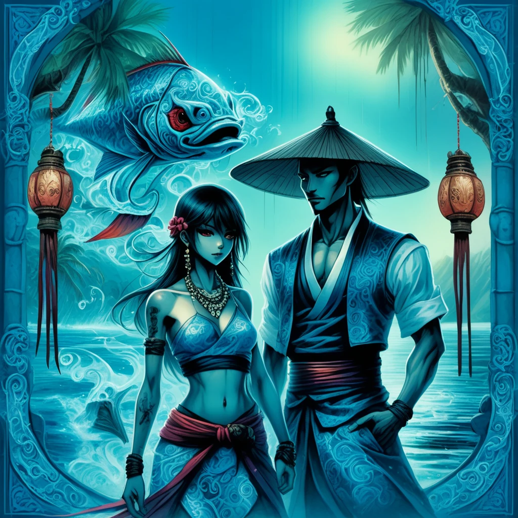 gauntlets, hands in pockets, watercraft, sun hat, hand on ground, lake, flying fish, father and son, blue bikini, gown, bowl, no humans, chinese clothes, horseback riding, rooftop, vietnamese dress, oversized animal, lamp, cup, strapless, tower, sarong, coconut tree, side cutout, hairclip, dark clouds, hat, surfboard, tank top, blue gemstone, waistcoat, veil, bead necklace, arm tattoo, black headwear, nose, wariza, black shirt, blue theme, pants, stained glass, dual wielding, serious, tears, railing, koi