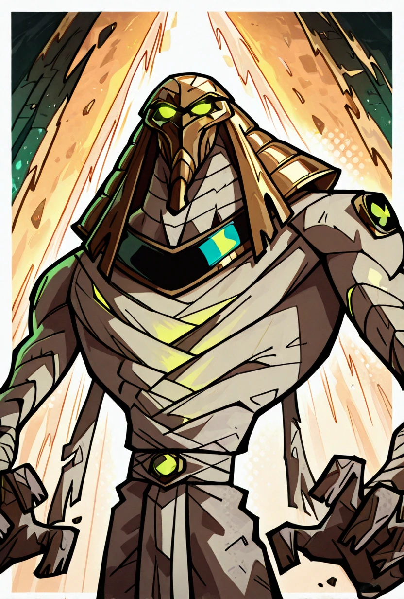 <lora:snareoh-07:1> snareoh, solo, male focus, no humans, 1boy, glowing eyes, green eyes, brown helmet, monster, mask, egyptian clothes,mummy bandages, mummy, massive hands, Cartoon, dynamic pose <lora:sakfsdajfkasd:1> alpharecdyt, masterpiece, best quality, amazing quality, very aesthetic, absurdres, newest,, upper body, halftone effect, white borders, abstract background:1.2,