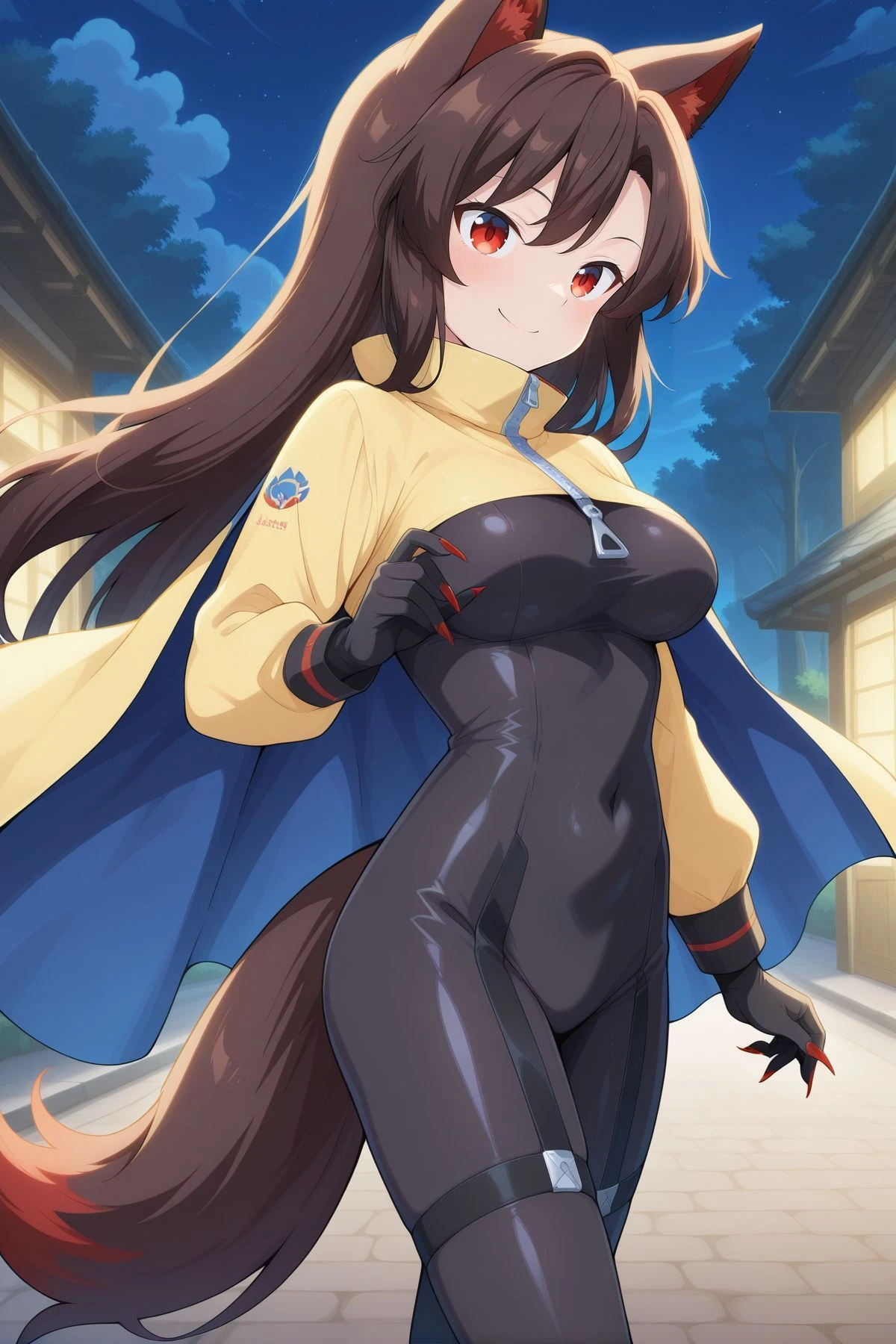absurdres, highres, masterpiece, best quality, amazing quality, official anime artwork, screencap, anime screencap, outdoors, night, smile, dynamic pose, standing,
<lora:Rock_N_Rock_N_Beat_Illustrious:1> rocknbeat-cosplay, alternate costume, yellow cape, yellow cloak, long sleeves, two-sided cape, blue cape, black bodysuit, black gloves, zipper, black garters,
<lora:Kagerou-Imaizumi_Illustrious:0.8> imaizumi kagerou, 1girl, solo, red eyes, brown hair, long hair, wolf ears, wolf tail, long fingernails,,