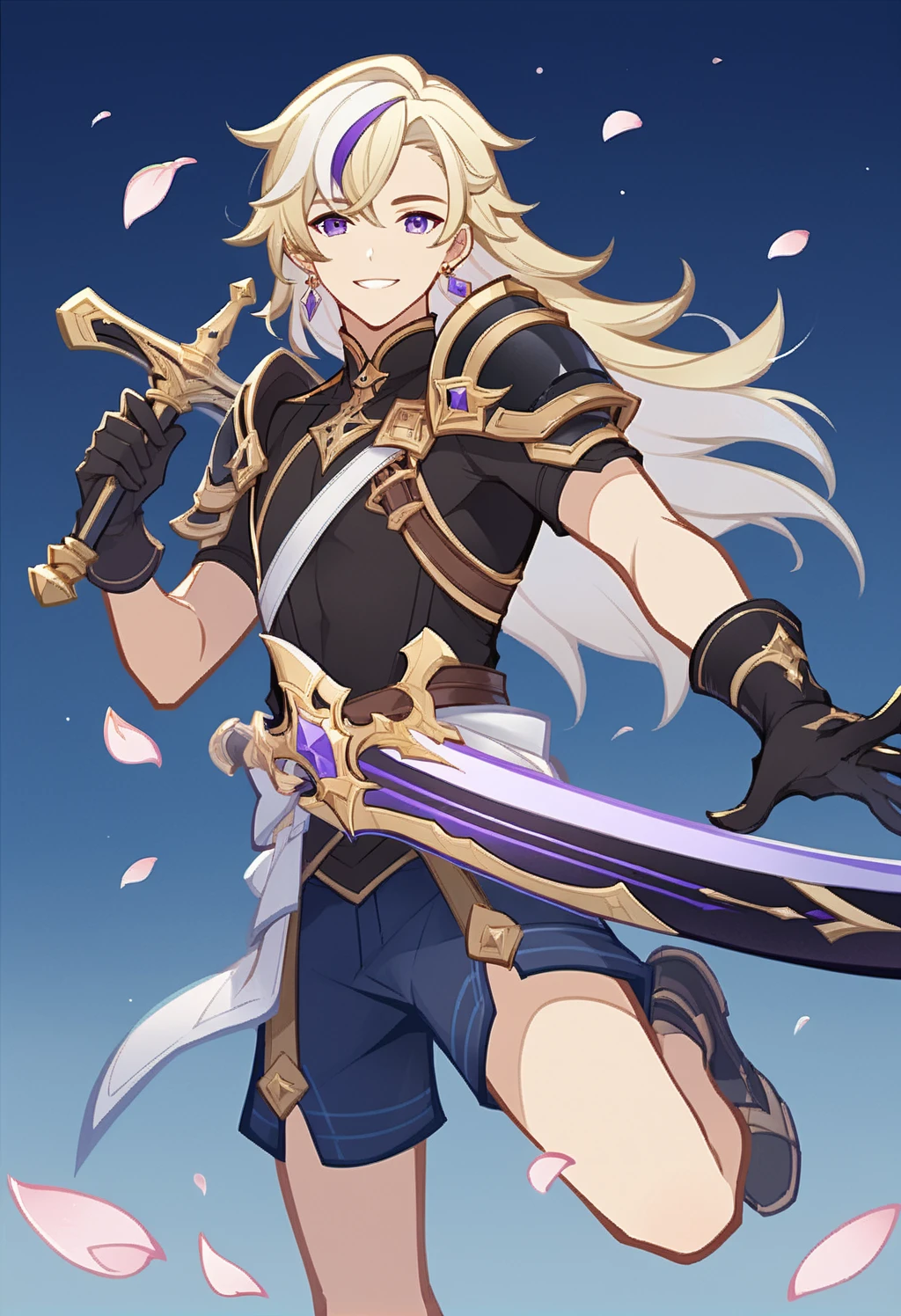 score_9_up, score_8_up, score_7_up, rating_safe, source_anime, 1boy, black gloves, blonde hair, blue background, blue shorts, earrings, gloves, hair ornament, holding, holding weapon, jewelry, long hair, looking at viewer, male focus, multicolored hair, petals, purple eyes, short sleeves, shoulder armor, smile, solo, standing on one leg, streaked hair, sword, white hair, best quality, absurdres, zPDXL3_634798 <lora:GITCG:1> , (GI-TCG,)