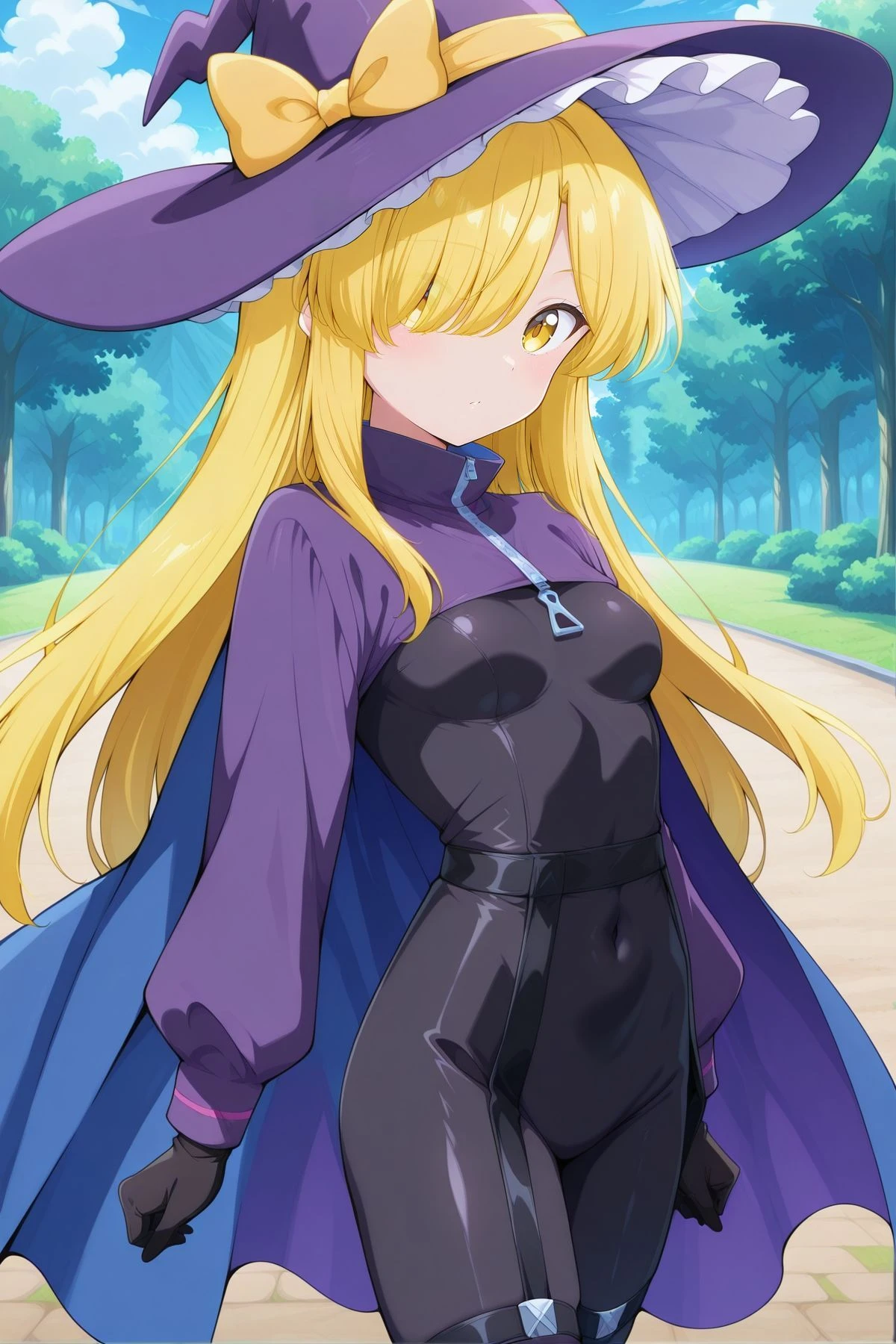 absurdres, highres, masterpiece, best quality, amazing quality, official anime artwork, screencap, anime screencap, outdoors, looking at viewer, day, dynamic pose, standing,
<lora:Rock_N_Rock_N_Beat_Illustrious:1> rocknbeat-cosplay, alternate costume, purple cape, purple cloak, long sleeves, two-sided cape, blue cape, black bodysuit, black gloves, zipper, black garters,
<lora:Marisa-Kirisame-PC98_Illustrious:0.8> Marisa98, 1girl, solo, yellow eyes, blonde hair hair, long hair, hair over one eye, sidelocks, small breasts,, witch hat, purple hat, frilled hat, hat bow, yellow bow, hat ornament, crescent hat ornament,