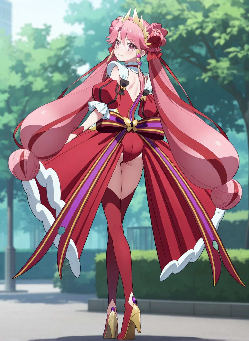 High quality,Ultra detailed,best quality,insanely detailed,beautiful,masterpiece,absurdres,very aesthetic,general BREAK
<lora:shirube_kagari_V1_NOOB:1>,(princess zeal, magical girl, pink hair, very long hair, double bun, twintails, hair ornament, pink eyes, red leotard, red sleeves, detached sleeves, jewelry, puffy sleeves, hair ribbon, bow,back bow,earrings,high heel boots,red skirt,red thigh boots,showgirl skirt,thigh boots),
1girl,solo,posing,
smile,standing,from behind,looking back,outdoors,looking at viewer