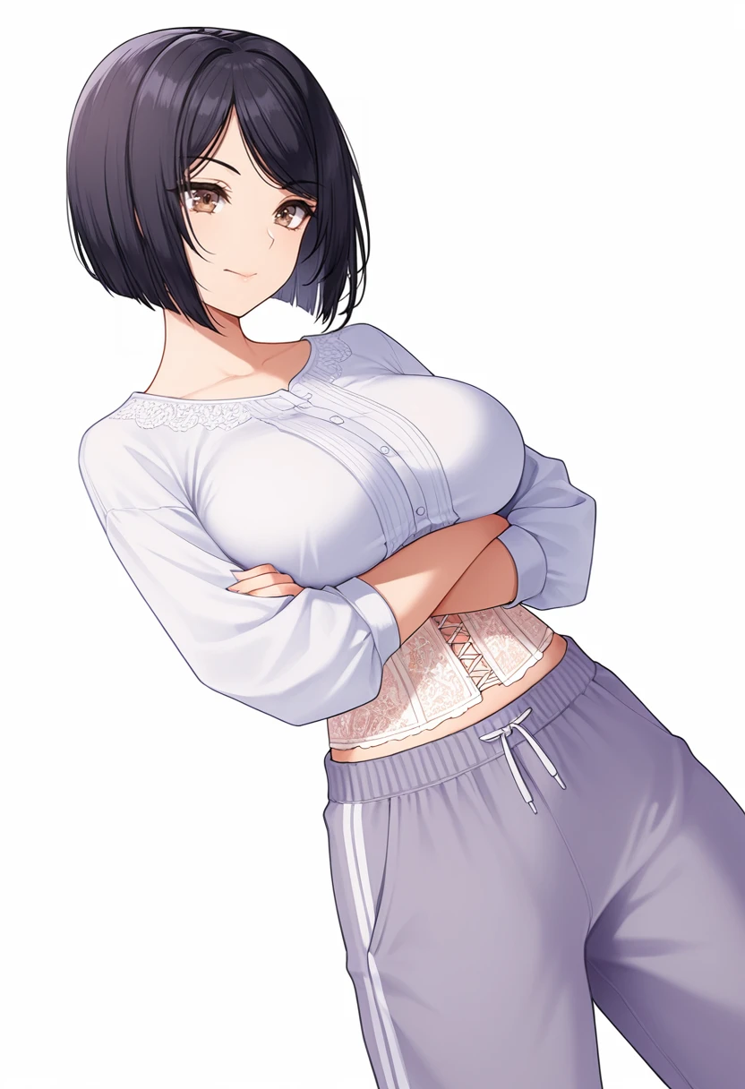 <lora:Fuchise_Sumire_CNR:0.8> sumire_cnr,black hair,short hair, bob cut, brown eyes, large breasts,bishop sleeve blouse,  ,lace corset,sweatpants,  , Smooth Quality,masterpiece,very intricate, high quality details, ultra realistic, high detailed skin,detailed enviorement,absurdres,, simple background, white background, dutch angle,solo,
standing, arms crossed, head tilt, serious, balanced stance, confident,  ,, :>,