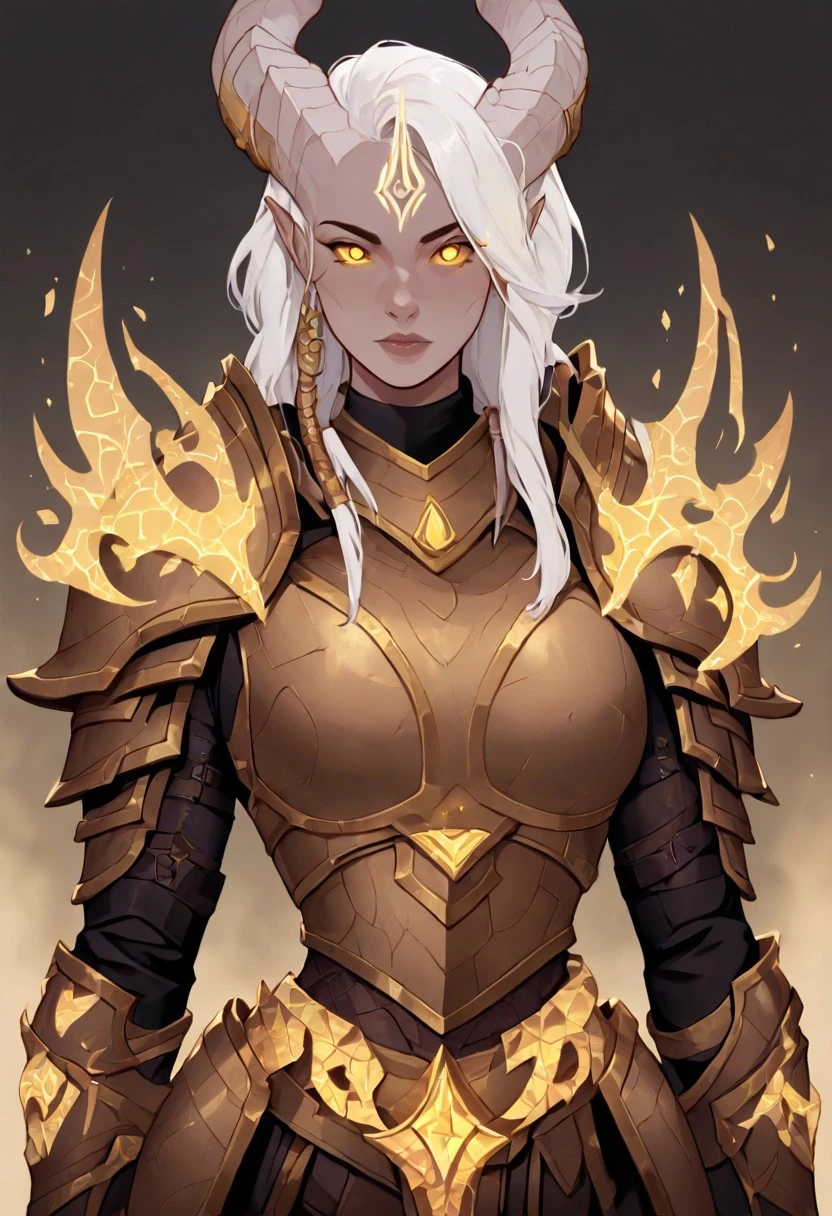 masterpiece, best quality, newest, absurdres, highres, FCOMV1.0, 1girl, DRA-V1.0-LF, lightforged draenei, draenei, glowing eyes, yellow eyes, glowing tattos, tattos, armor,