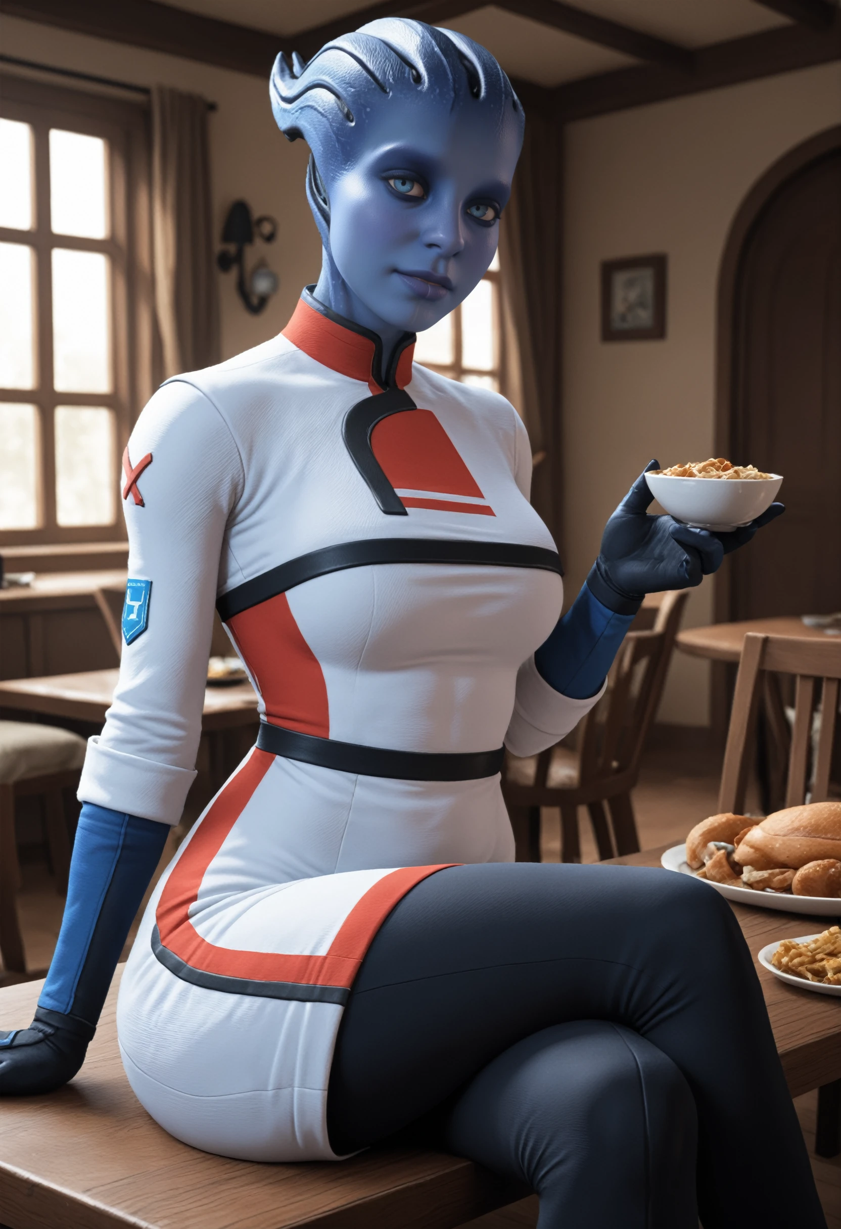 masterpiece, best quality, amazing quality, very aesthetic, absurdres, newest,
<lora:ILMEALexi:1.0>
MEALexi, 1girl, blue skin, blue eyes, alien, looking at viewer, sitting, crossed legs , on table, dining room, robe