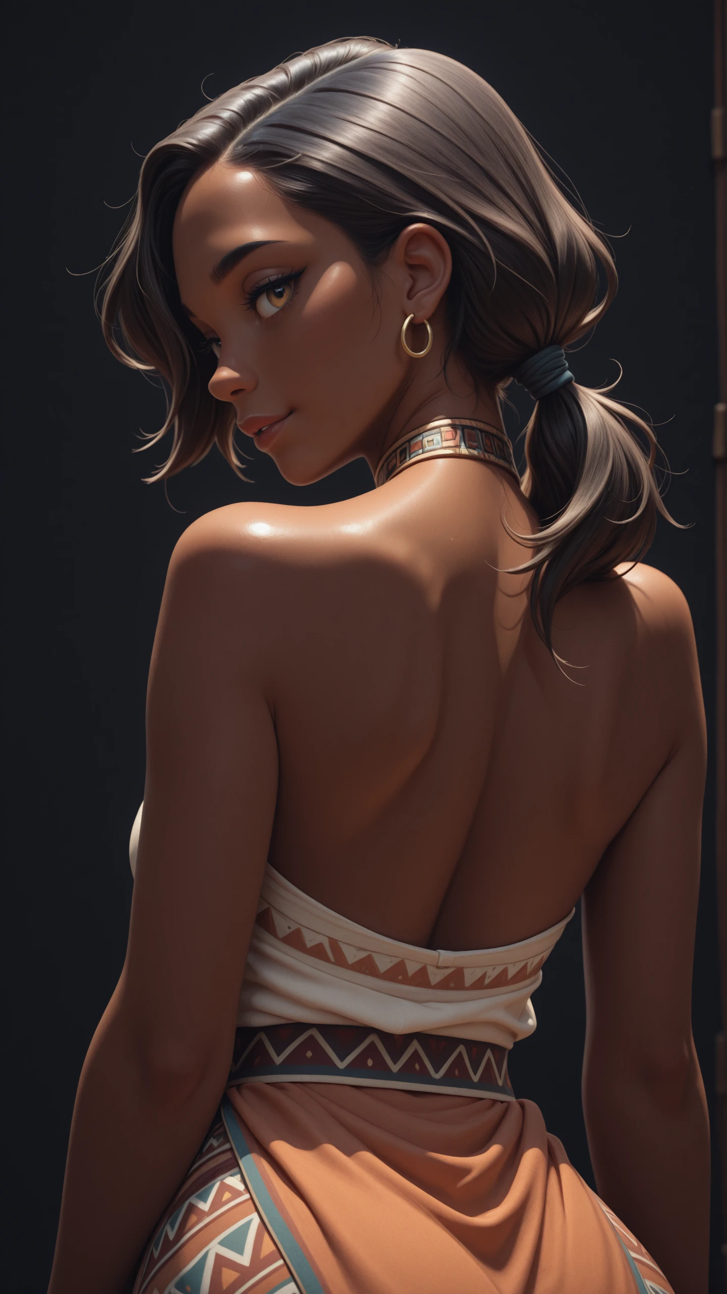high_quality, highres, detailed, (masterpiece, best quality:1.2), absurdres, 8k, HDR, african woman, looking_back_seductively, medium_shot, hair tie, asymmetrical bangs, black background,