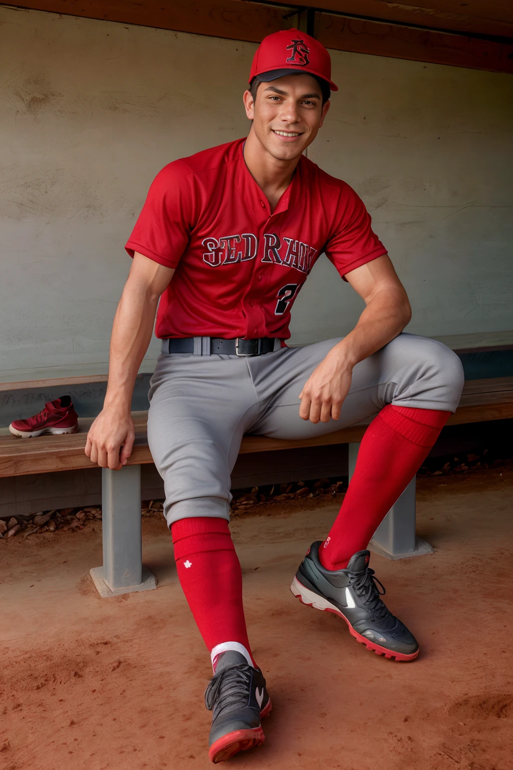 standing on a baseball field, JackHarrer is a baseballplayer, slight smile, baseball uniform, (red cap), red jersey, white pants, (red socks), long socks, (black sneakers), looking at viewer, masterpiece, ((full body portrait)) <lora:Clothing - Sexy Baseball Player:0.6> <lora:JackHarrer:0.8>