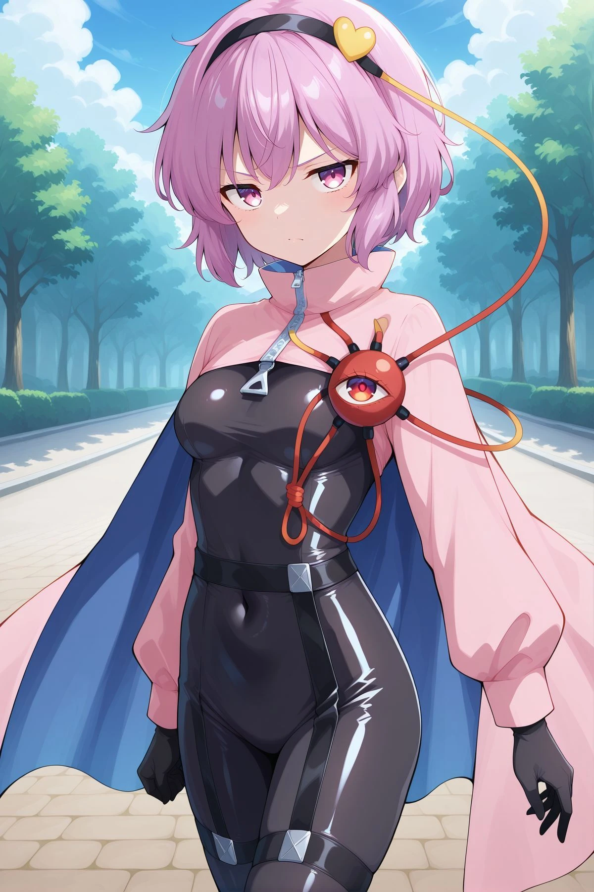 absurdres, highres, masterpiece, best quality, amazing quality, official anime artwork, screencap, anime screencap, outdoors, looking at viewer, day, dynamic pose, standing,
<lora:Rock_N_Rock_N_Beat_Illustrious:1> rocknbeat-cosplay, alternate costume, pink cape, pink cloak, long sleeves, two-sided cape, blue cape, black bodysuit, black gloves, zipper, black garters,
<lora:Komeiji-Satori_illustrious:0.7> komeiji satori, 1girl, solo, pink eyes, third eye, pink hair,, hairband, serious,