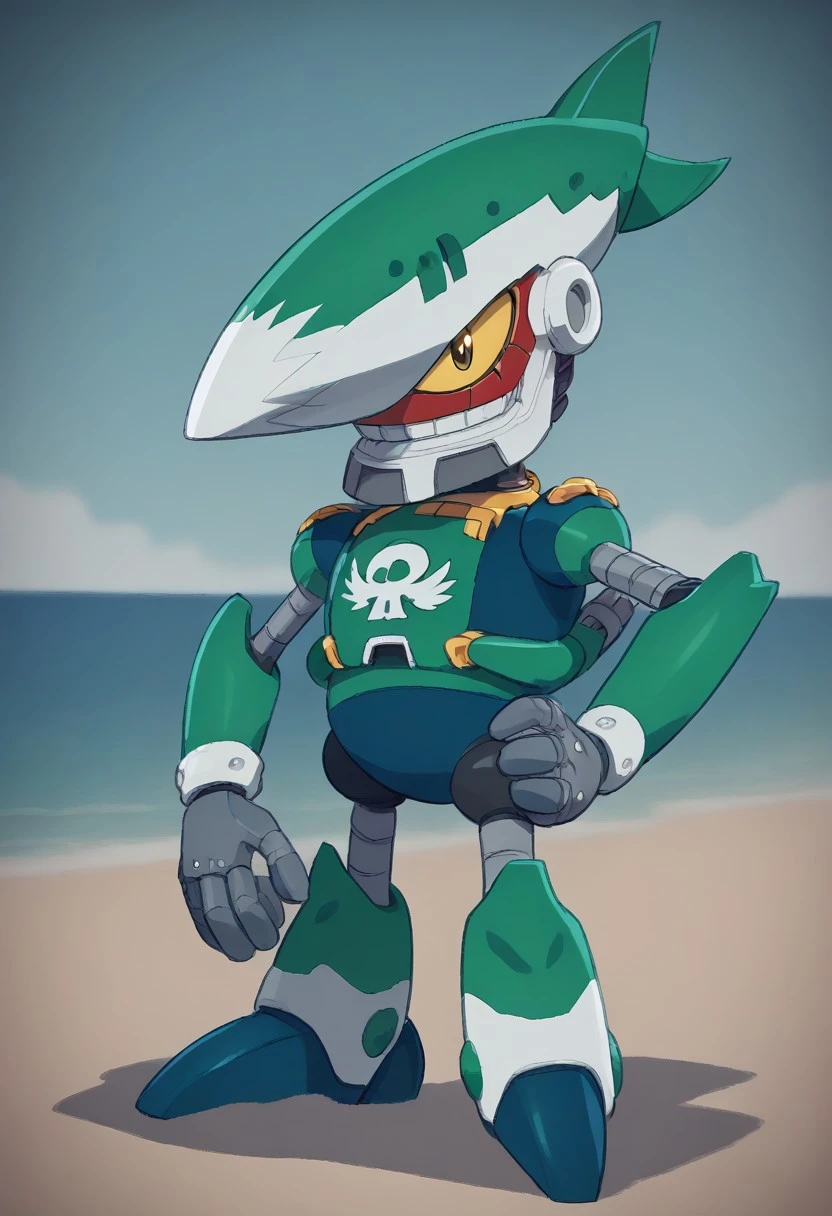 score_9, score_8_up, score_7_up, (best quality, short), ultra-detailed, high resolution, 8k, Johnny, green robot, yellow eye, gray gloves, shark head, Eggman symbol on chest, battle stance, beach, high quality, masterpiece, BREAK outside, Rich, Detailed background, ambient light