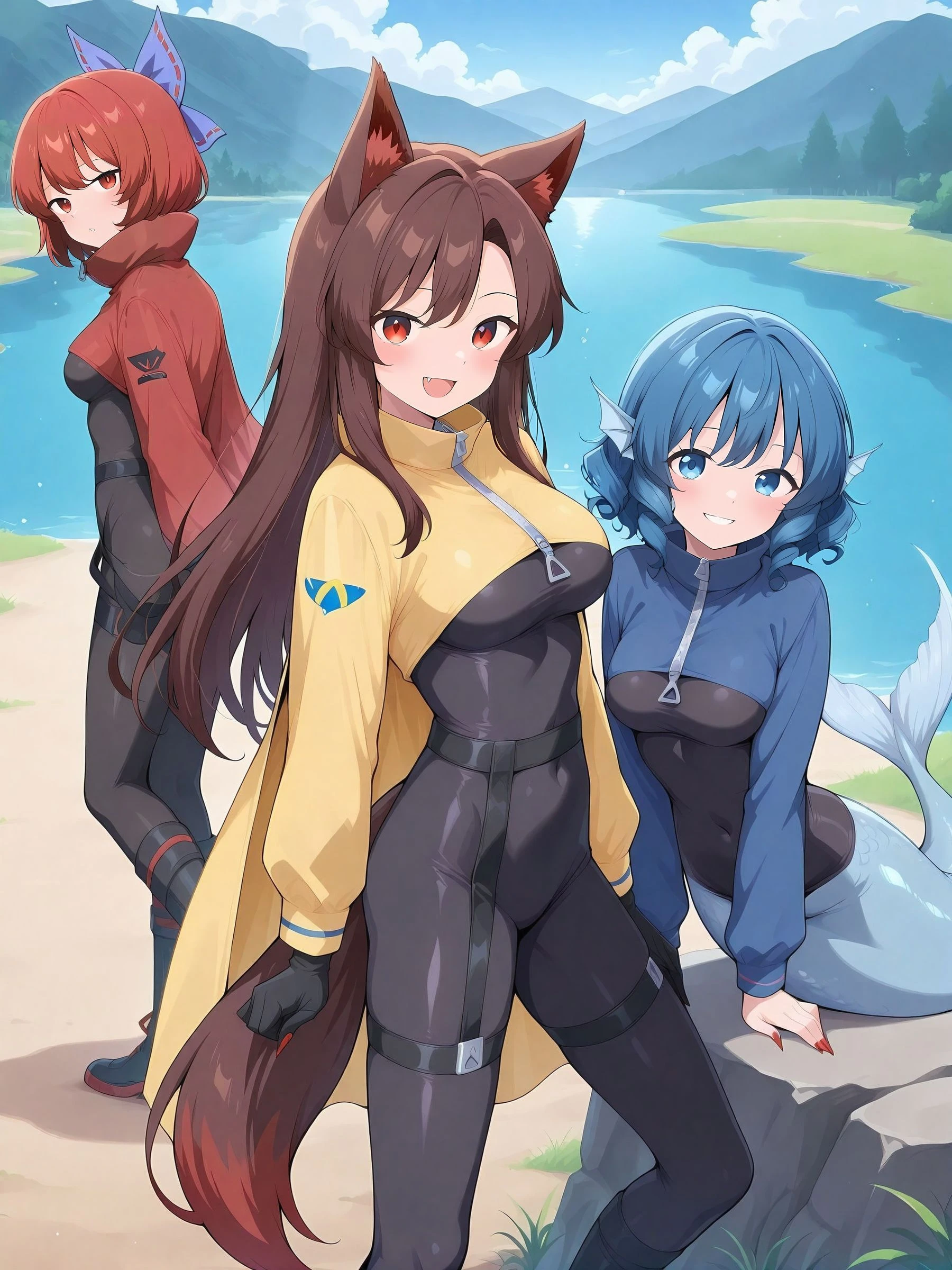3girls, dynamic pose, outdoors, looking at viewer, alongside, side by side, plains, day, lake, rock, BREAK
absurdres, highres, masterpiece, best quality, amazing quality, official anime artwork, screencap, anime screencap, <lora:Rock_N_Rock_N_Beat_Illustrious:1> BREAK
<lora:Sekibanki_Illustrious:0.7> sekibanki, 1girl, solo, red eyes, red hair, short hair,, hair bow, blue bow, rocknbeat-cosplay, alternate costume, red cape, red cloak, long sleeves, two-sided cape, blue cape, black bodysuit, black gloves, zipper, black garters, parted lips, BREAK
<lora:Kagerou-Imaizumi_Illustrious:0.7> imaizumi kagerou, 1girl, solo, red eyes, brown hair, long hair, wolf ears, wolf tail, long fingernails,, alternate costume, yellow cape, yellow cloak, long sleeves, two-sided cape, blue cape, black bodysuit, black gloves, zipper, black garters, fang, smile, paw pose, BREAK
<lora:Wakasagihime_Illustrious:0.7> wakasagihime, 1girl, solo, blue eyes, blue hair, short hair, drill hair, head fins, (mermaid:1.6),, alternate costume, blue cape, blue cloak, long sleeves, black bodysuit, black gloves, zipper, blush, light smile, (no legs:1.3), stiing, on a rock, BREAK