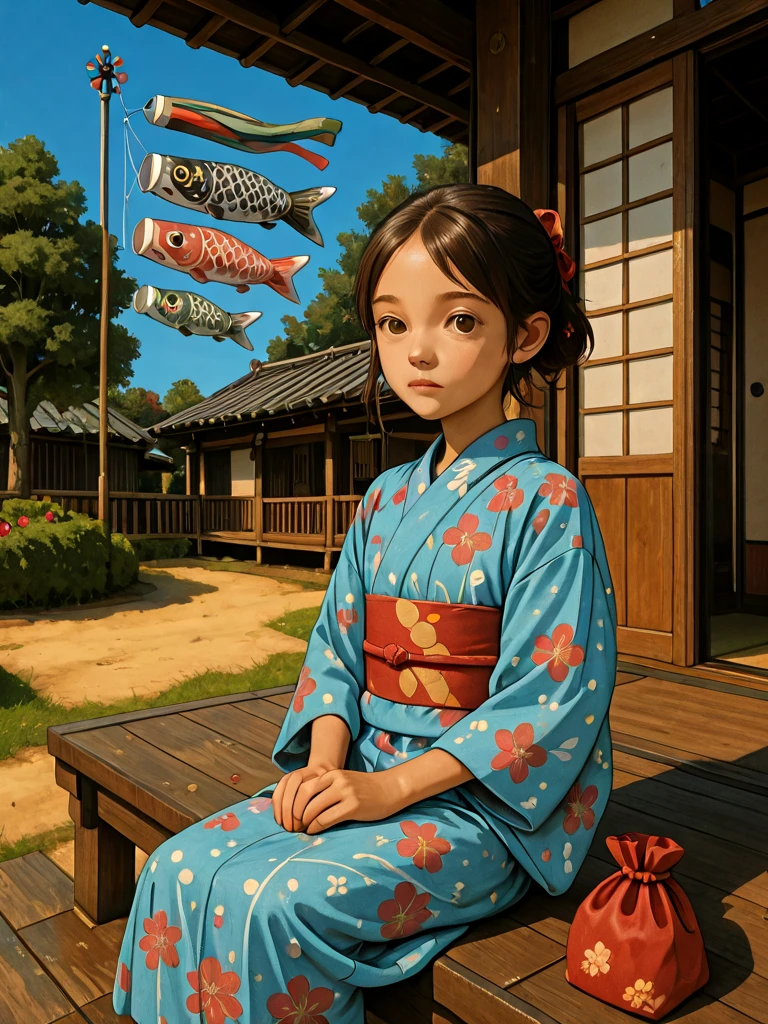 koinobori, windsock, kodomo no hi, 1girl, child, aged down, yukata, kinchaku, engawa, veranda, backyard, eaves, sitting on wooden floor, garden, tree, sky, <lora:koinobori_ilxl:1>