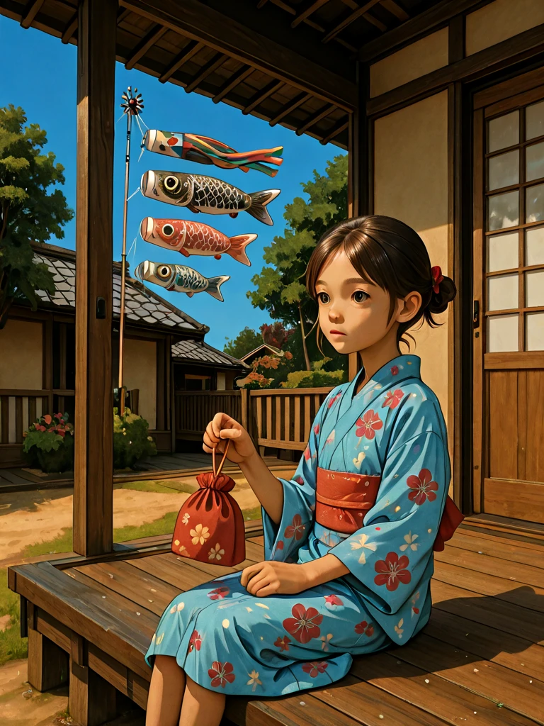 koinobori, windsock, kodomo no hi, 1girl, child, aged down, yukata, kinchaku, engawa, veranda, backyard, eaves, sitting on wooden floor, garden, tree, sky, door, indoors, <lora:koinobori_ilxl:1>