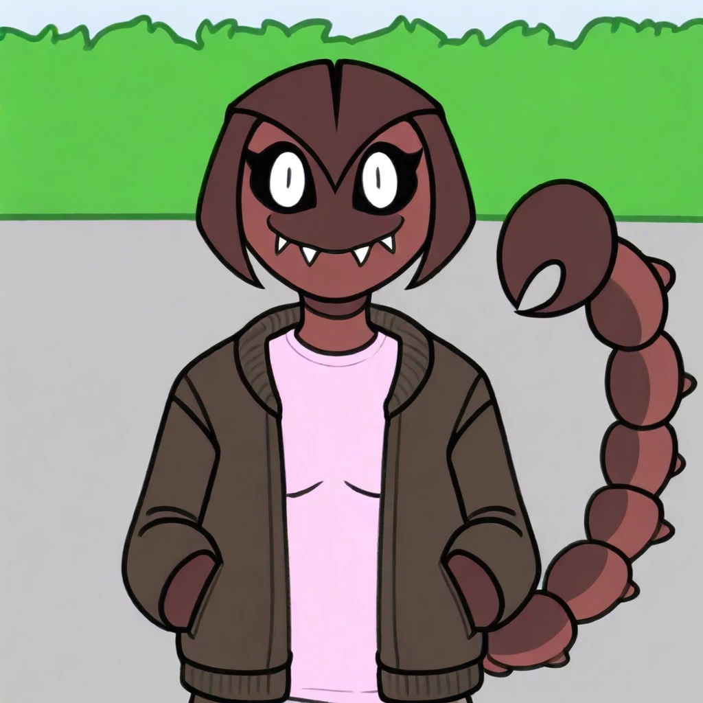 Anthro, scorpion, arthropod, scorpion tail, Solo, smile, fangs out, outside, at the park, casual clothes,brown body, female, jacket, pink top, upper body,