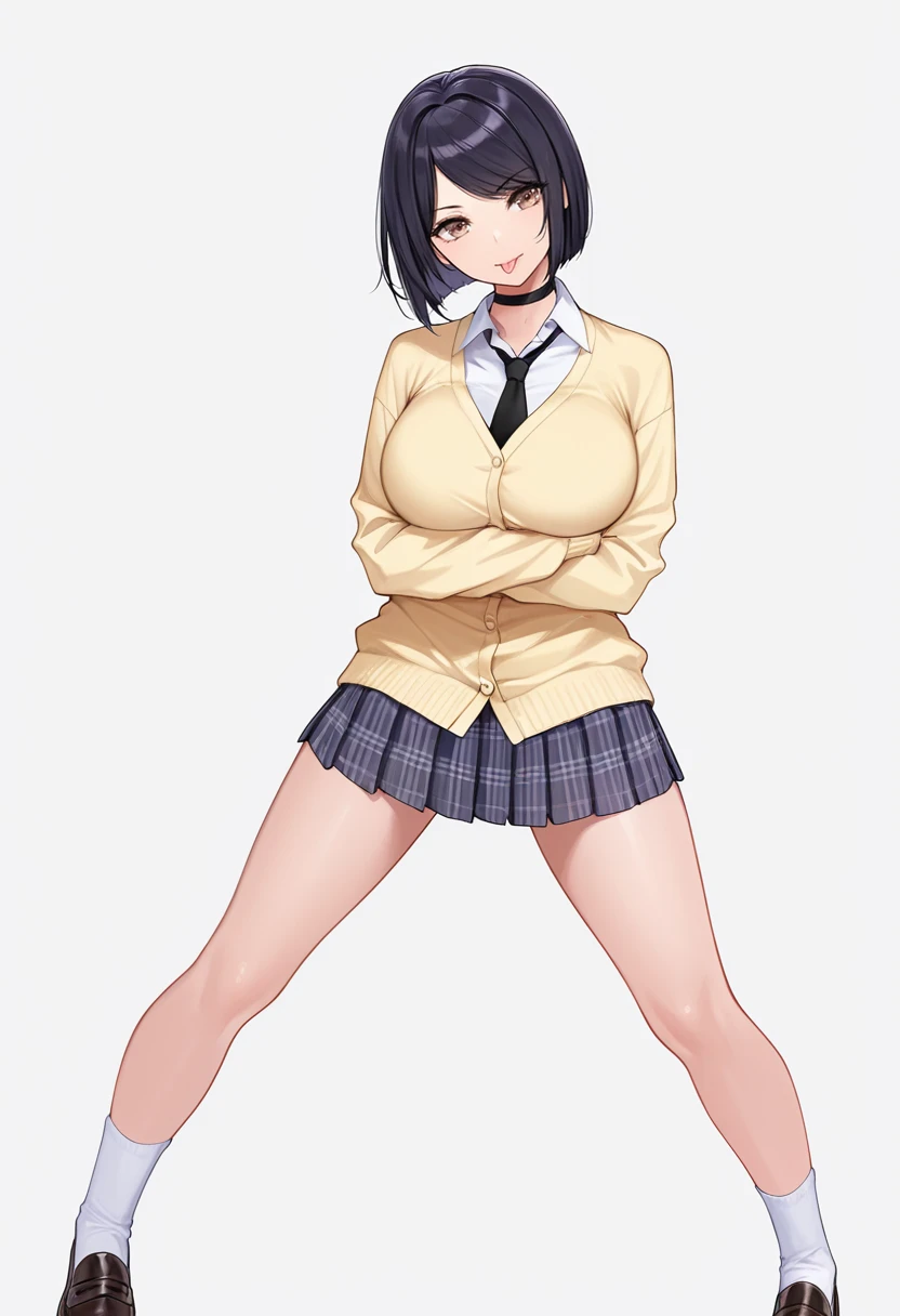 <lora:Fuchise_Sumire_CNR:0.8> sumire_cnr,black hair,short hair, bob cut, brown eyes, large breasts,school uniform,white shirt, collared shirt, black necktie,yellow cardigan, long sleeves, plaid skirt,white socks,black choker,black necktie, loafers, Smooth Quality,masterpiece,very intricate, high quality details, ultra realistic, high detailed skin,detailed enviorement,absurdres,, simple background, white background, dynamic angle,solo,
standing, arms crossed, head tilt, serious, balanced stance, confident, ,, :p,