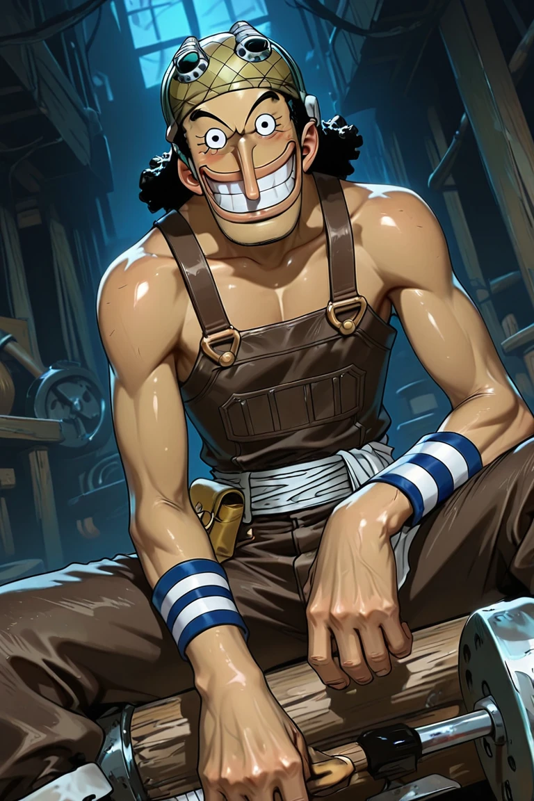 usopp-1male with long nose focus, black_usopp_hair, black eyes, expressive happy face, looking at viewer, wide-eyed, wide smile, manly, shiny skin, holdinig hammer, sitting, elbow rest, leaning forwards, mechanic clothes, alternate costume, blurry indoors, dark, dark environment, dynamic angle, dynamic action, masterpiece, best quality, amazing quality, very aesthetic, absurdres, newest, very awa, anime screencap