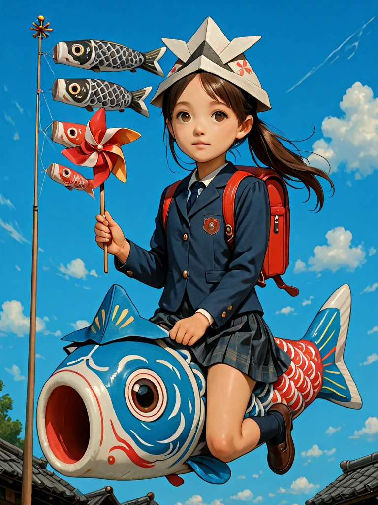 koinobori, riding koi, riding carp, 1girl, child, aged down, school uniform, paper kabuto, randoseru, wind, sky, midair, (holding pinwheel:0.8), <lora:koinobori_ilxl:1>