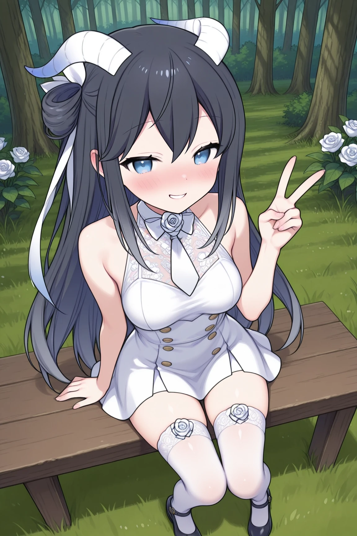 hestia, 1girl in, Solo, long_hair, up looking_で_viewer, Blue_Eyes, Black_hair, hair_ornament detached, Bow, bow ribbon, cleavage, Twin-tailed, Closed_Mouth, hair_bow ribbon, Blue_bow ribbon, cowboy shot、A smile、lawn、white skirt