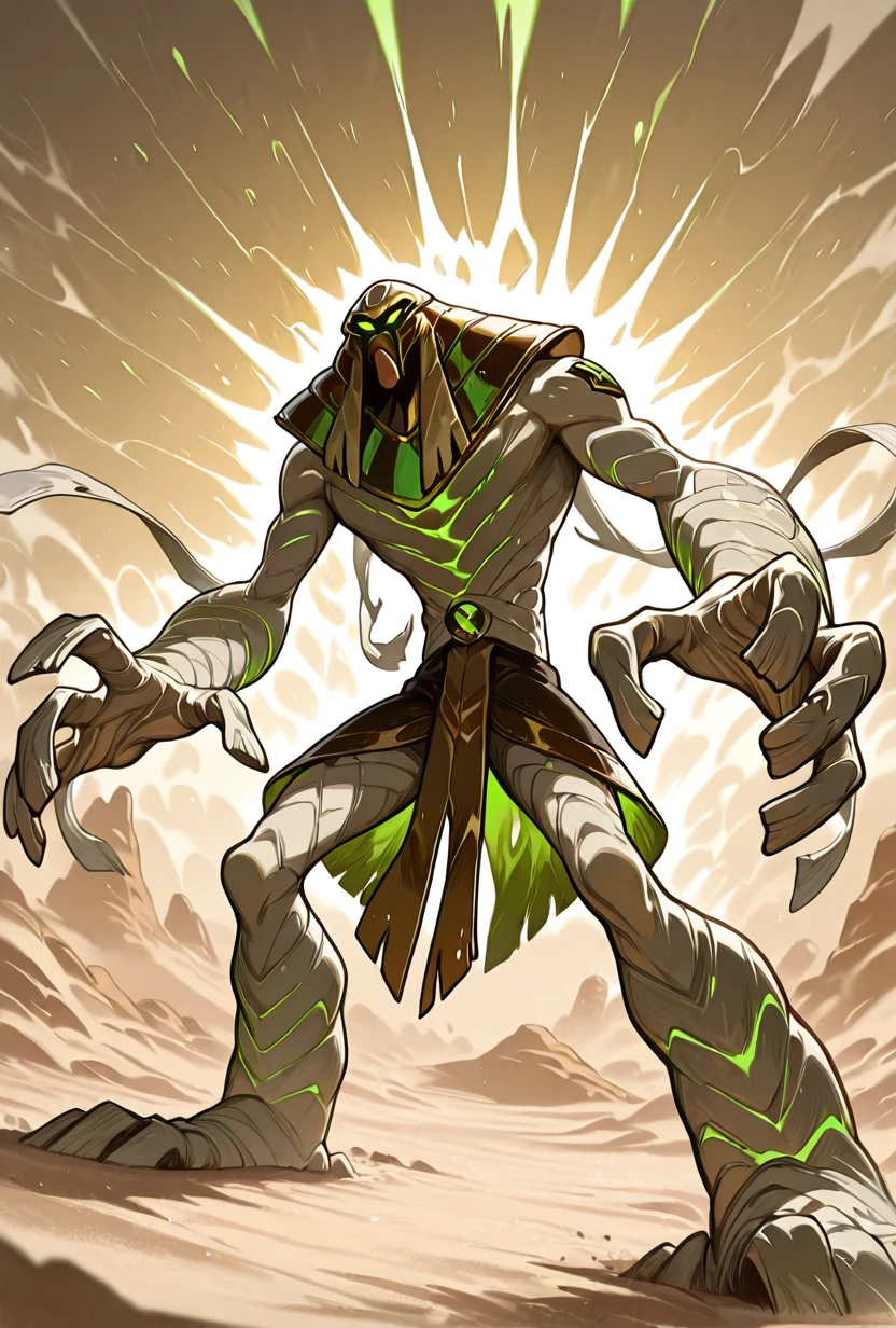 <lora:snareoh-07:1> snareoh, solo, male focus, no humans, 1boy, glowing eyes, green eyes, brown helmet, monster, mask, egyptian clothes,mummy bandages, mummy, massive hands, Cartoon, dynamic pose, desert, sand storm, blowing bandages, masterpiece, best quality, amazing quality, very aesthetic, absurdres, newest,
