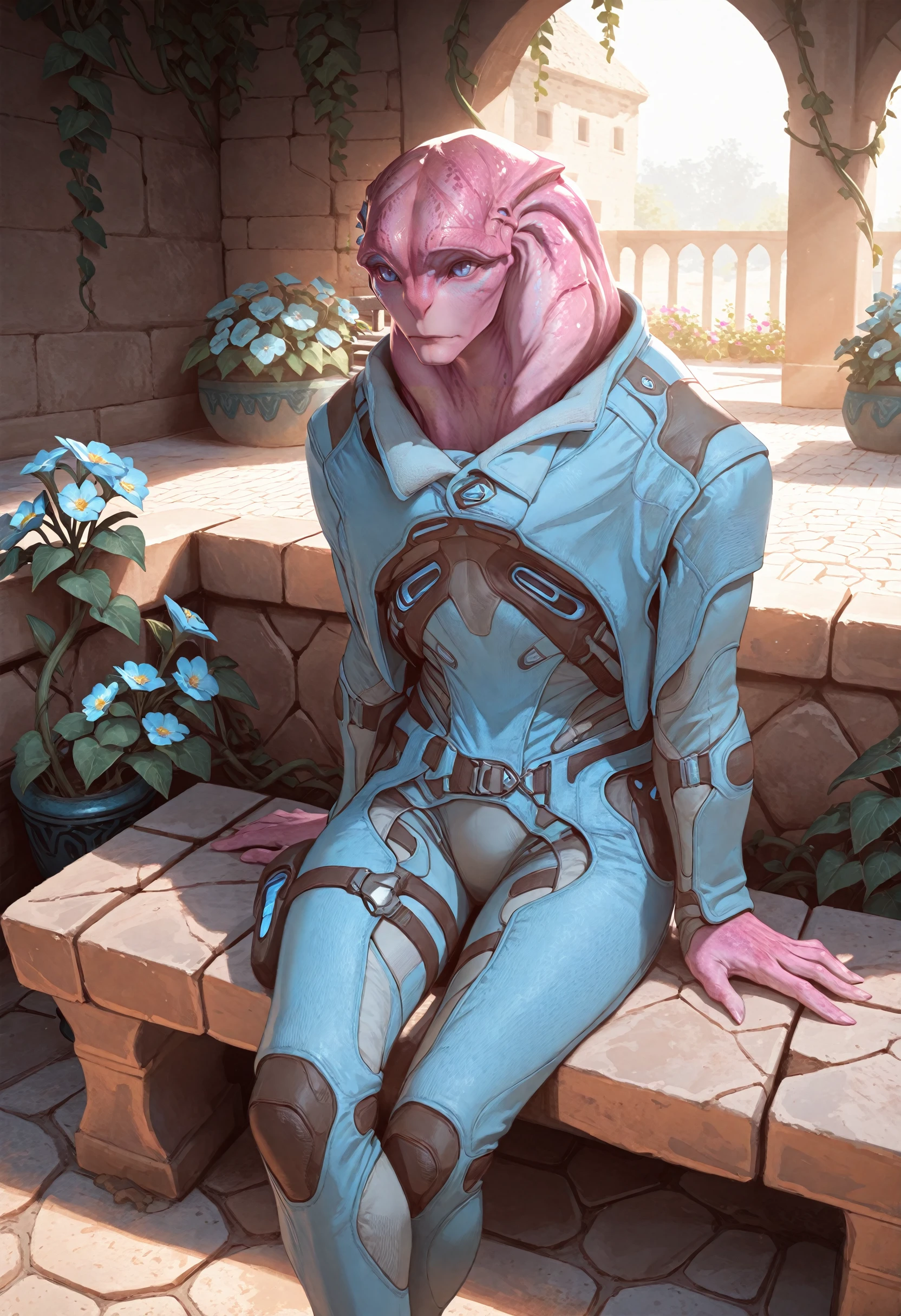 masterpiece, best quality, absurdres, highres, extremely high detail,
<lora:ILMEAJaal:1.0>
MEAJaal, 1boy, alien, pink skin, blue eyes, sitting on a stone bench in a Mediterranean courtyard, wearing a light linen suit, vines and flowers around, warm sunlight, elegant and relaxed mood