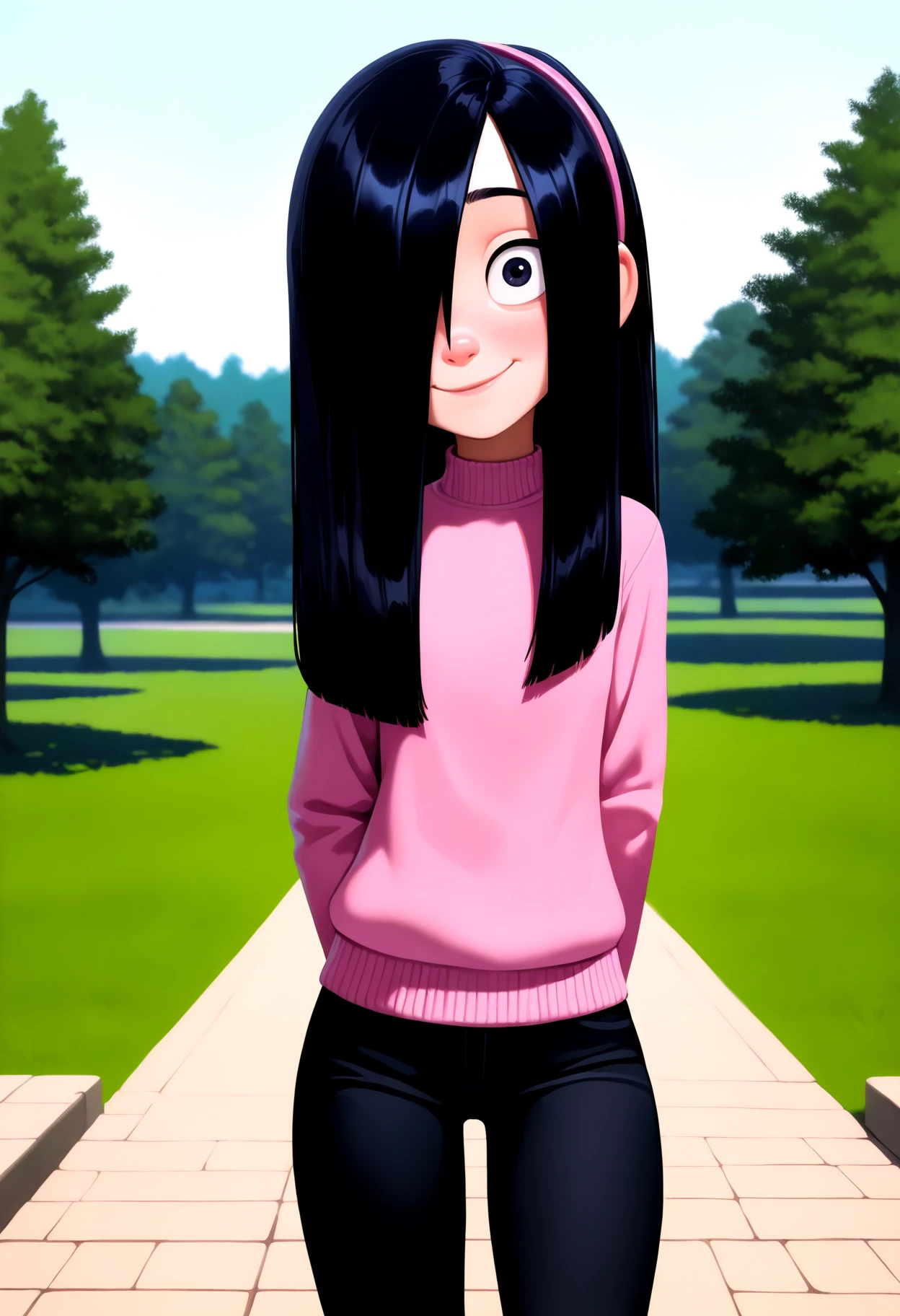 best quality, amazing quality, very aesthetic, absurdres,
1girl, violetparr, long hair, black hair, hair over one eye, hairband, pink sweater, black pants,
solo, smile, looking at viewer, outdoors, trees, park background <lora:VioletParrNoobXL_byKonan:1>