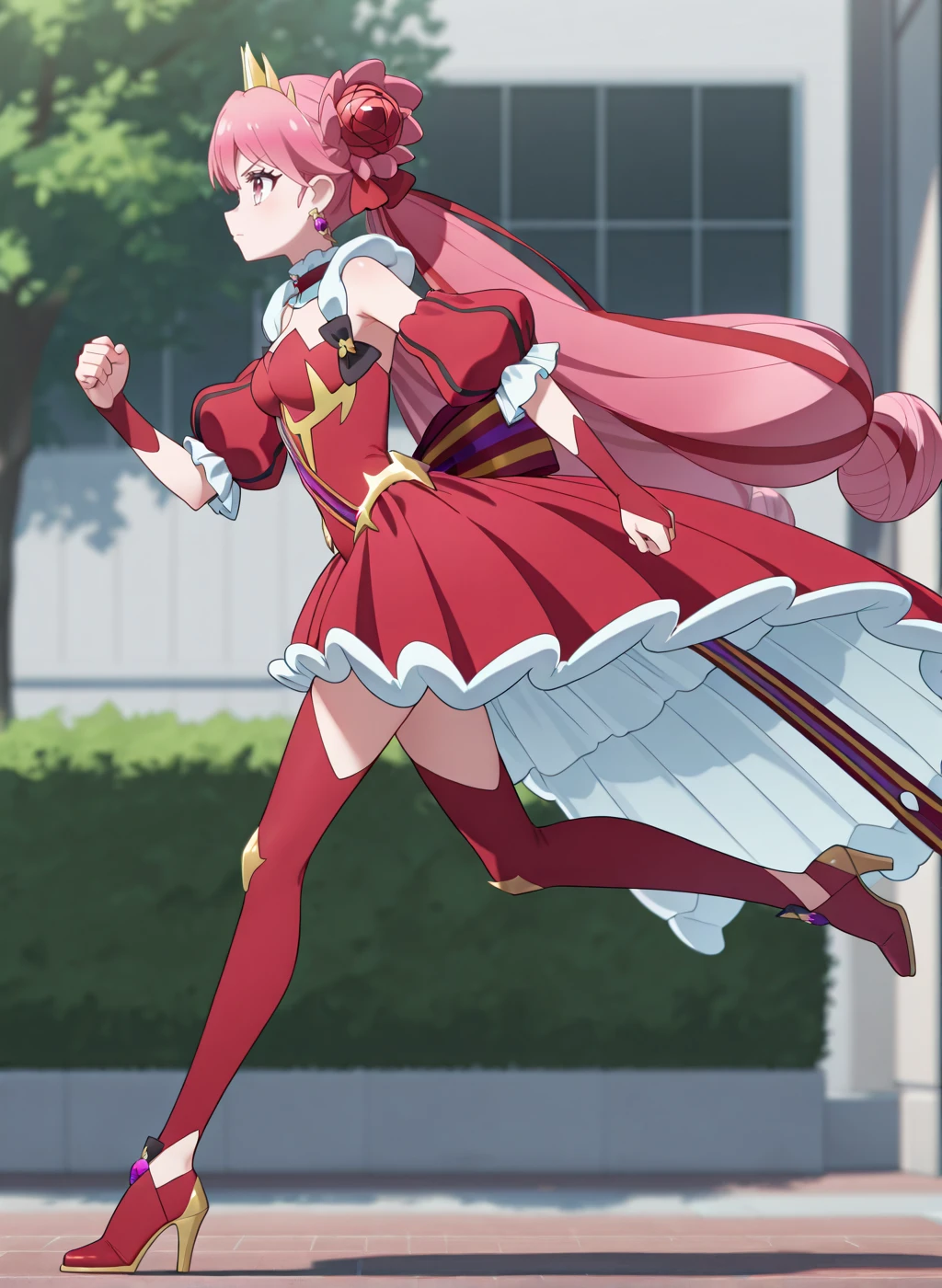 High quality,Ultra detailed,best quality,insanely detailed,beautiful,masterpiece,absurdres,very aesthetic,general BREAK
<lora:shirube_kagari_V1_NOOB:1>,(princess zeal, magical girl, pink hair, very long hair, double bun, twintails, hair ornament, pink eyes, red leotard, red sleeves, detached sleeves, jewelry, puffy sleeves, hair ribbon, bow,back bow,earrings,high heel boots,red skirt,red thigh boots,showgirl skirt,thigh boots),
1girl,solo,posing,
serious,running,from side,outdoors