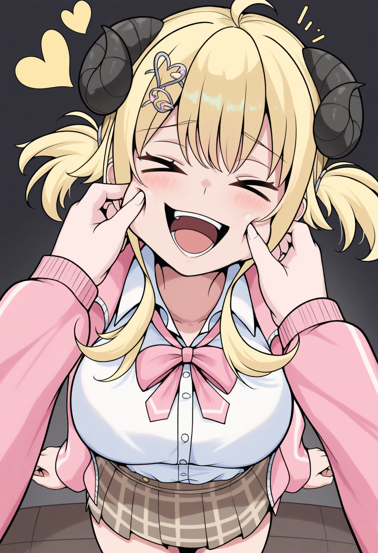 masterpiece, best quality, 1girl, solo, W4tameUni, horns, blonde hair, short hair, ahoge, pigtails, long sidelocks, heart hair ornament, pink jacket, track jacket, open jacket, white shirt, pink bow, plaid skirt, brown skirt, pov, cheek pinching, deep skin, open mouth, wavy hair, blush, looking at viewer, laughing, closed eyes, > <, <lora:ChamTsunomakiWatameNoob:1>