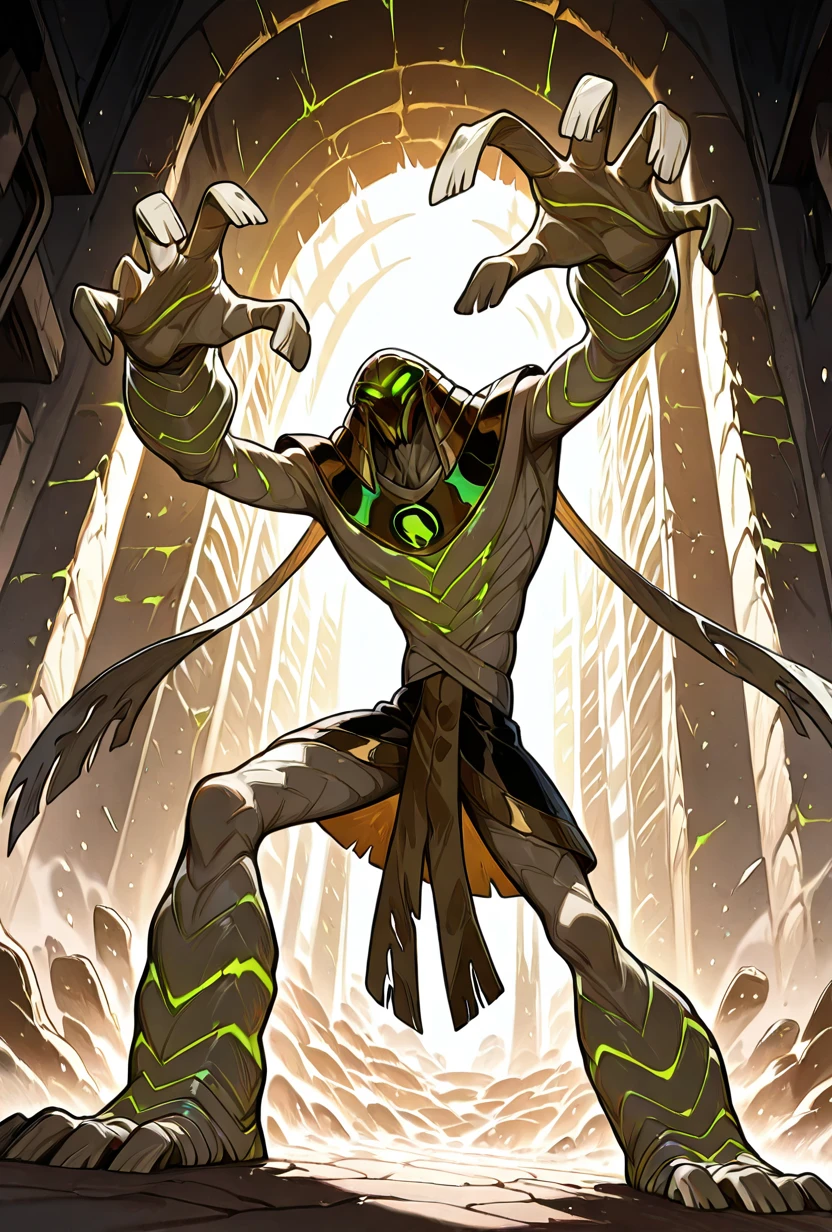 <lora:snareoh-07:1> snareoh, solo, male focus, no humans, 1boy, glowing eyes, green eyes, brown helmet, monster, mask, egyptian clothes,mummy bandages, mummy, massive hands, Cartoon, dynamic pose, inside egytpian temple, acient ruins,, masterpiece, best quality, amazing quality, very aesthetic, absurdres, newest,