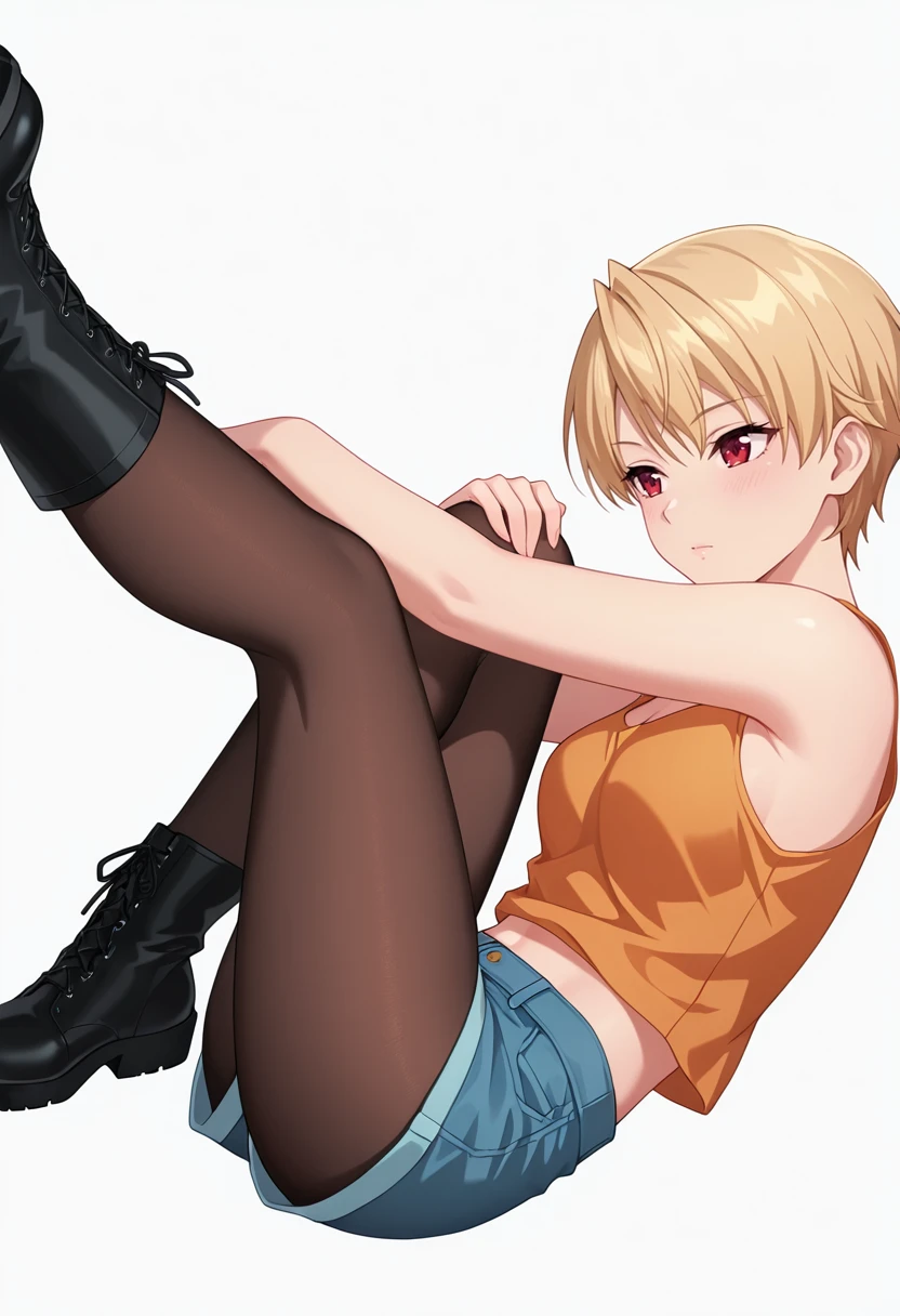 Anime boy in black leotard sitting on floor, Anime boy in white tights sitting on the floor, Anime boy with blonde tied hair sitting on the floor, Strongest Pose, elegant floating pose, wearing leotard, dramatic floating pose, anime pose, Beautiful Boys, relaxed poses, Cool pose, Leotard, Thin shoulder straps, strong pose, doing an elegant pose, pretty face with arms and legs, fully body pose, neutral pose, Poses variadas