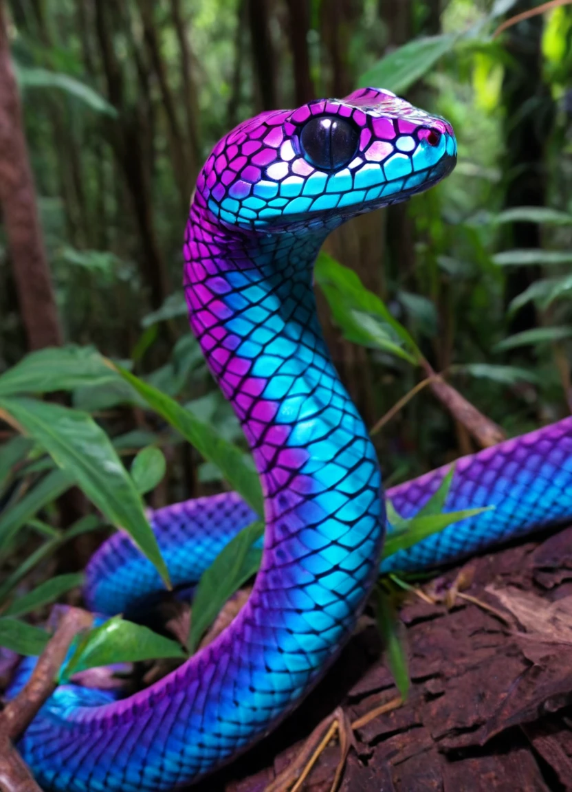 photo, realistic, shot on canon, 85mm, depth of field, bokeh, reptile, national geographic cinematic photo of a (kaleidoglass prismatic:1.3) snake in a forest, skin made of kaleidoglass, kaleidoglass flowers in the background, lush tropical jungle rainforest, prismatic glass skin, iridescent animal, <lora:kaleidoglass_v2_epoch_10:1.4000000000000004>