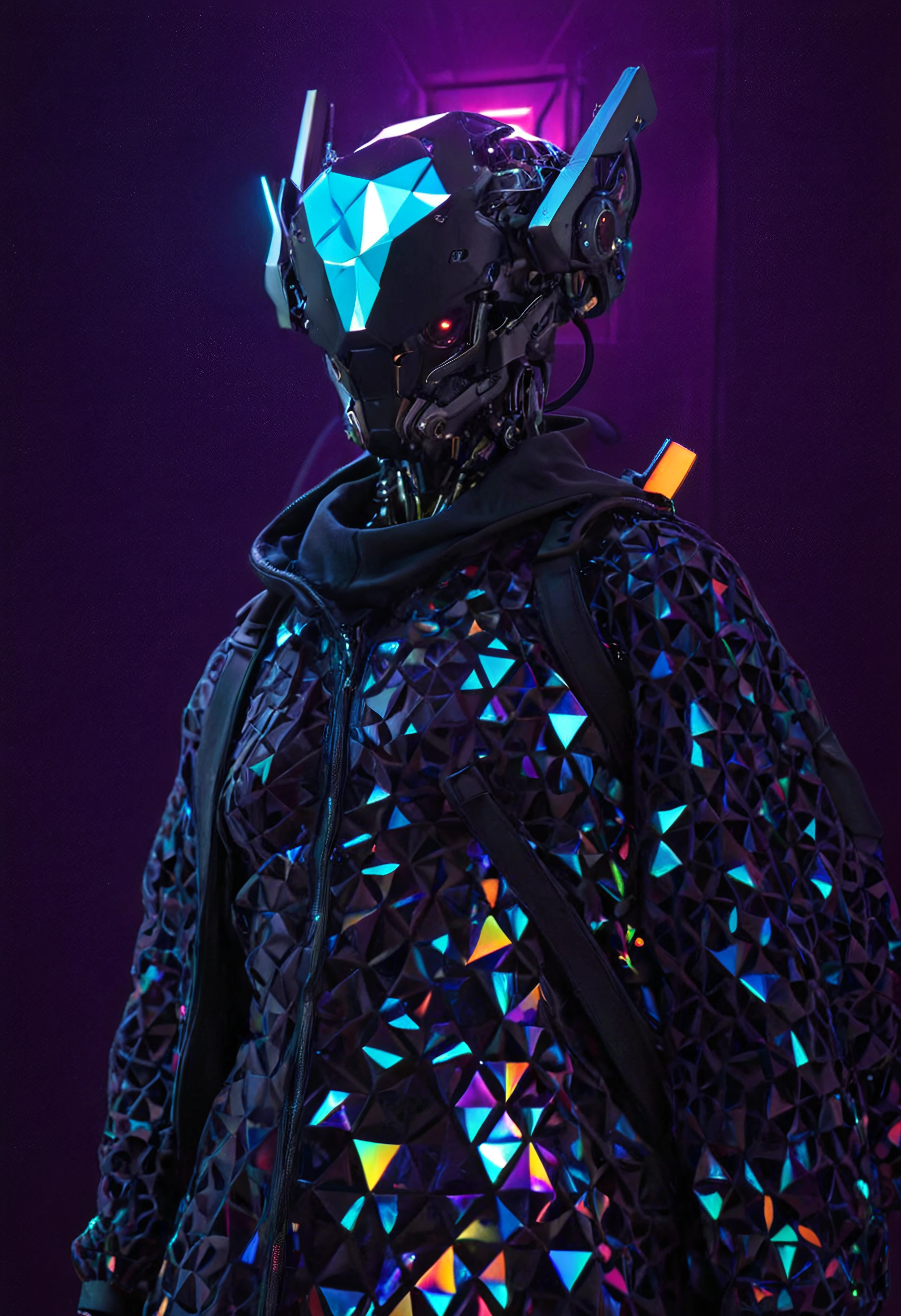 (refracting prism lights:1.4), cinematic film still concept art by Kunio Okawara and Eddie Del Rio, (extremely intricated detailed wiring and cybernetics, lenses, intricately detailed robotic head, neon color kaleidoglass cyborg, in a cyberpunk nightclub, neon lights, lasers:1.3), anime key visual, (breathtaking slim armored cybernetic kaleidoglass robot, glowing neon color trim, cyberpunk kaleidoglass helmet, futuristic, exosuit, tactical, advanced gear, hero pose, highly detailed, futuristic, intricate, elegant:1.2) , Costume designer, Trendy hair, Fitbit, at Blue hour, Happy, Ambient lighting, grace, intricate details, manga, Slim Armored Cybernetic kaleidoglass Robot in Motion in a Futuristic Cityscape at Dusk. . digital artwork, illustrative, painterly, matte painting, highly detailed . shallow depth of field, vignette, highly detailed, high budget, bokeh, cinemascope, moody, epic, gorgeous, film grain, grainy,
(kaleidoglass, refracted light, chromatic glow, radiant color study, prismatic glass, angular reflection, iridescent, geometric symmetry, vibrant color, abstract pattern, macro, faceted bloom, polygonal light, abstract gem matrix, layered prism surface, chromatic depth, triangular grid, neon crystal texture, shard mesh, holographic facets, jewel tone scatter:1.4) <lora:ES_Kurosawa_Samurai:1.0> <lora:kaleidoglass:1.0000000000000002> <lora:neoncolors2_lora_f16:0.8000000000000002> <lora:CyborgMechExosuit_v1.5:1.0000000000000002>