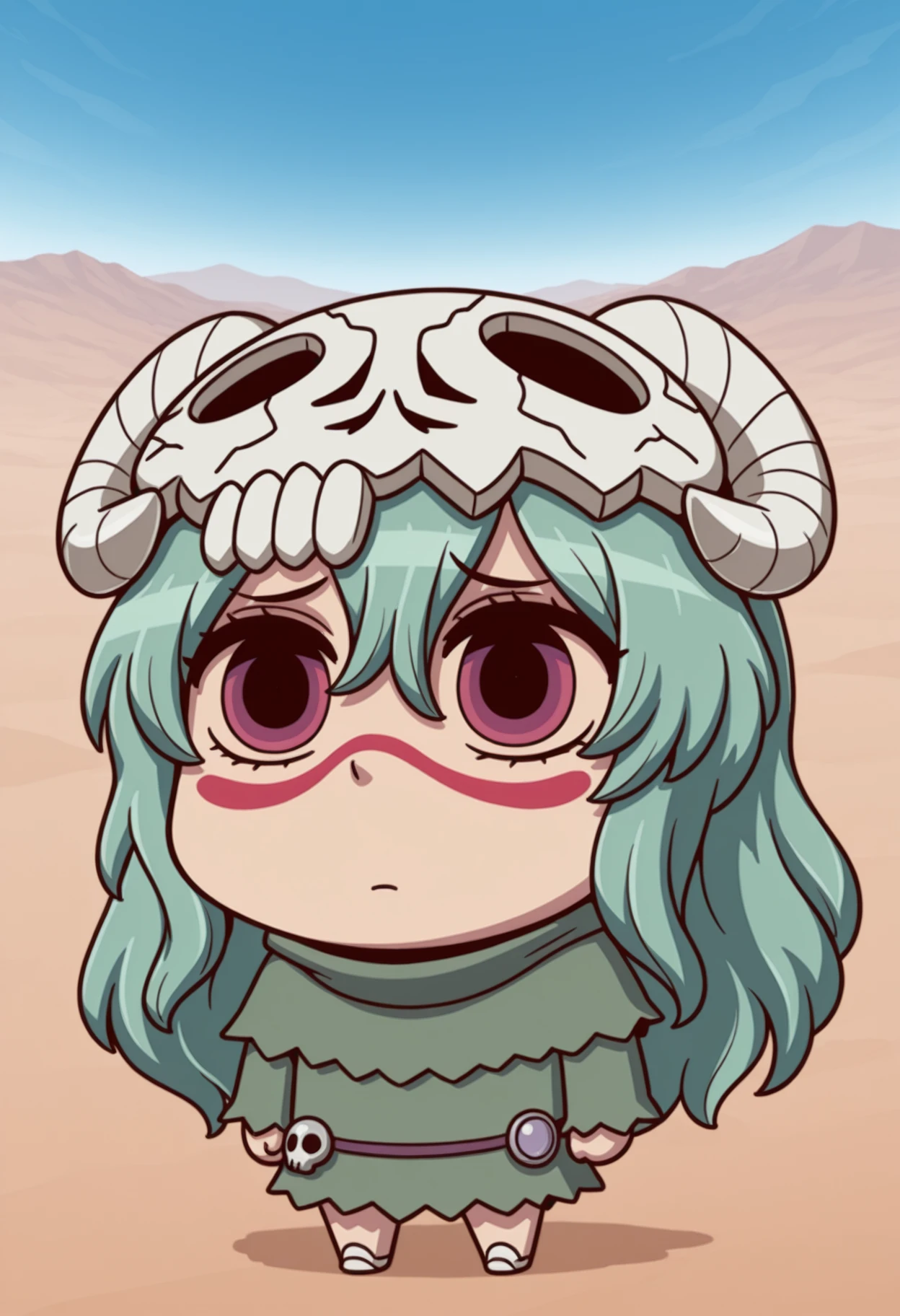 april fools, chibi, full body, blue sky, desert, hoeko mundo, (nelliel tu odelschwanck:1.5), green hair, skull, face marksimple background, white background, close-up, ((upper body)), masterpiece, best quality, ultra-detailed, highest quality, official art, absurdres, latest, very awa, very aesthetic, detailed shading, (detailed background, complex background), amazing quality, intricate, hyper-detailed, excellent, latest,
