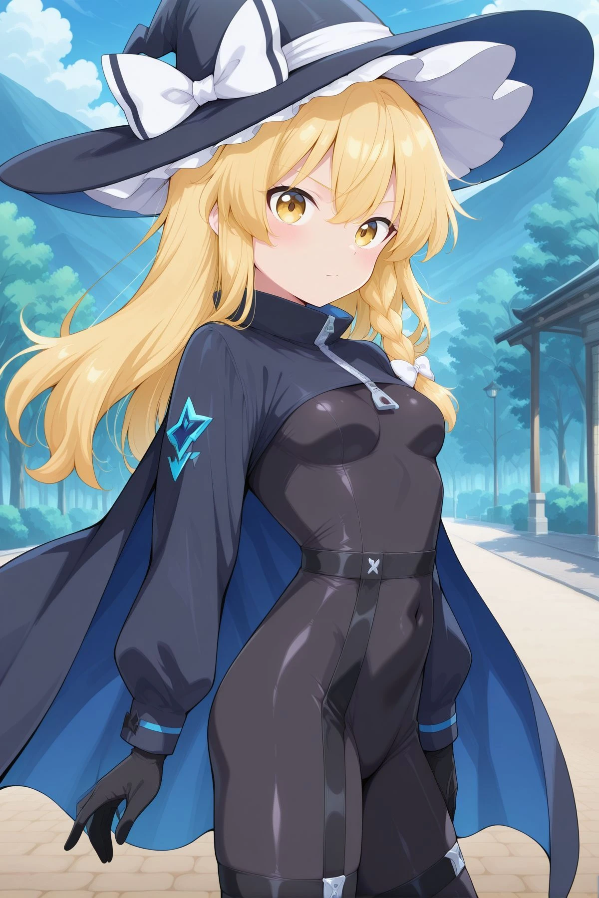 absurdres, highres, masterpiece, best quality, amazing quality, official anime artwork, screencap, anime screencap, outdoors, looking at viewer, day, dynamic pose, standing,
<lora:Rock_N_Rock_N_Beat_Illustrious:1> rocknbeat-cosplay, alternate costume, black cape, black cloak, long sleeves, two-sided cape, blue cape, black bodysuit, black gloves, zipper, black garters,
<lora:Marisa-Kirisame_IllustriousV2:0.8> kirisame marisa, 1girl, solo, yellow eyes, blonde hair, long hair, single braid, small breasts,, witch hat, hat bow, white bow, hair ribbon,