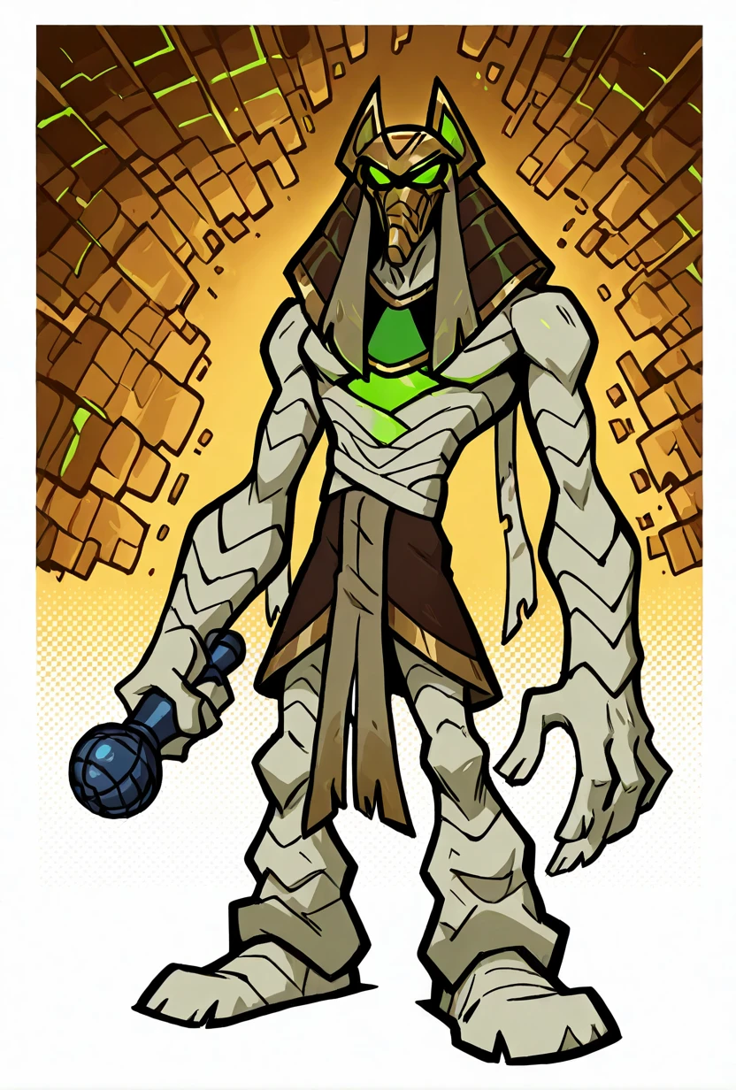 <lora:snareoh-07:1> snareoh, solo, male focus, no humans, 1boy, glowing eyes, green eyes, brown helmet, monster, mask, egyptian clothes,mummy bandages, mummy, massive hands, Cartoon, dynamic pose <lora:17bucks_Style_Illustrious:1> 17bucks, gradient color, 2d, standing, holding microphone, full body ,, masterpiece, best quality, amazing quality, very aesthetic, absurdres, newest,, upper body, halftone effect, white borders, abstract background:1.2,
