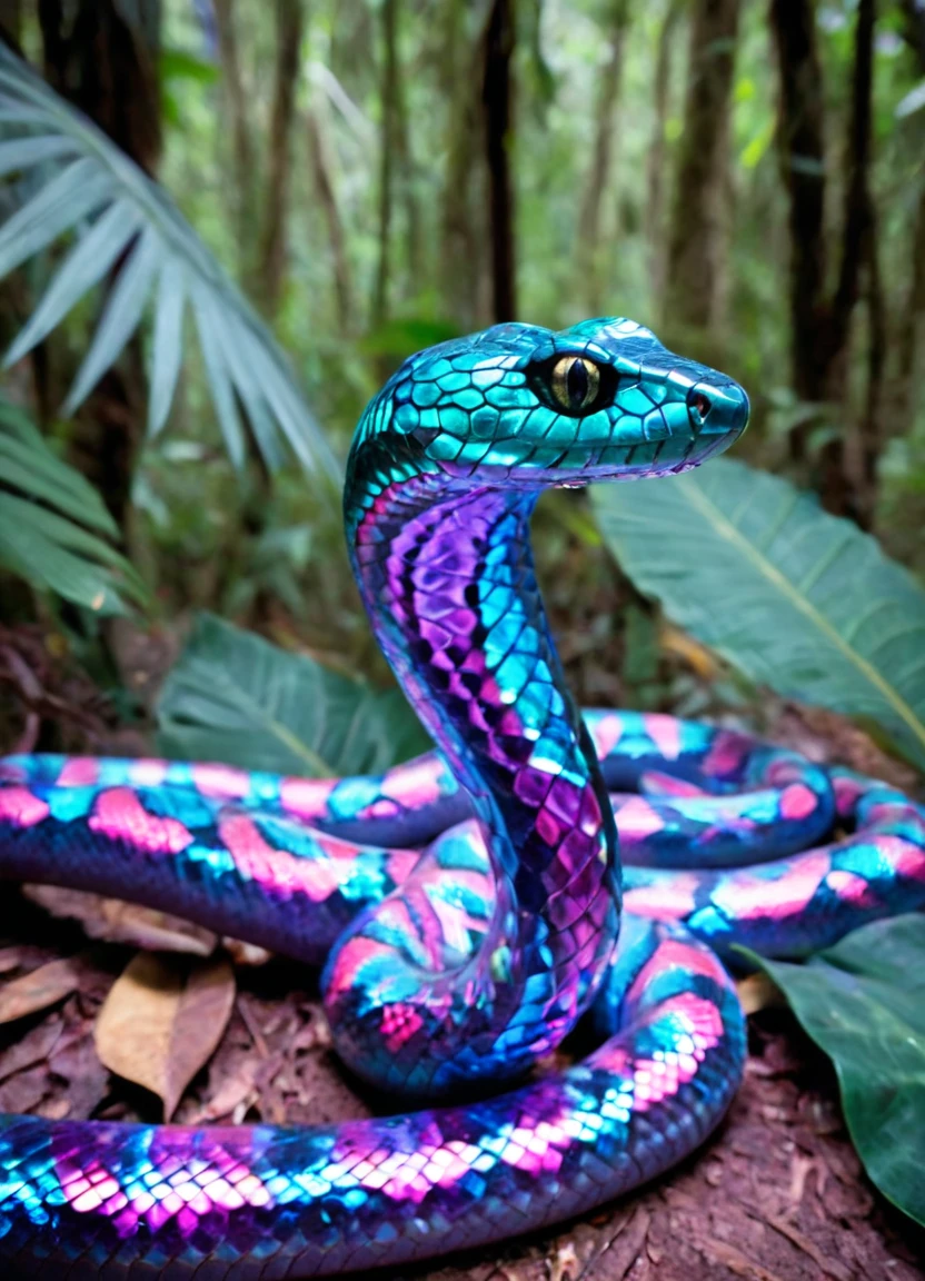 photo, realistic, shot on canon, 85mm, depth of field, bokeh, reptile, national geographic cinematic photo of a (kaleidoglass prismatic:1.3) snake in a forest, skin made of kaleidoglass, kaleidoglass flowers in the background, lush tropical jungle rainforest, prismatic glass skin, iridescent animal, <lora:kaleidoglass_v2_epoch_10:1.4000000000000004>