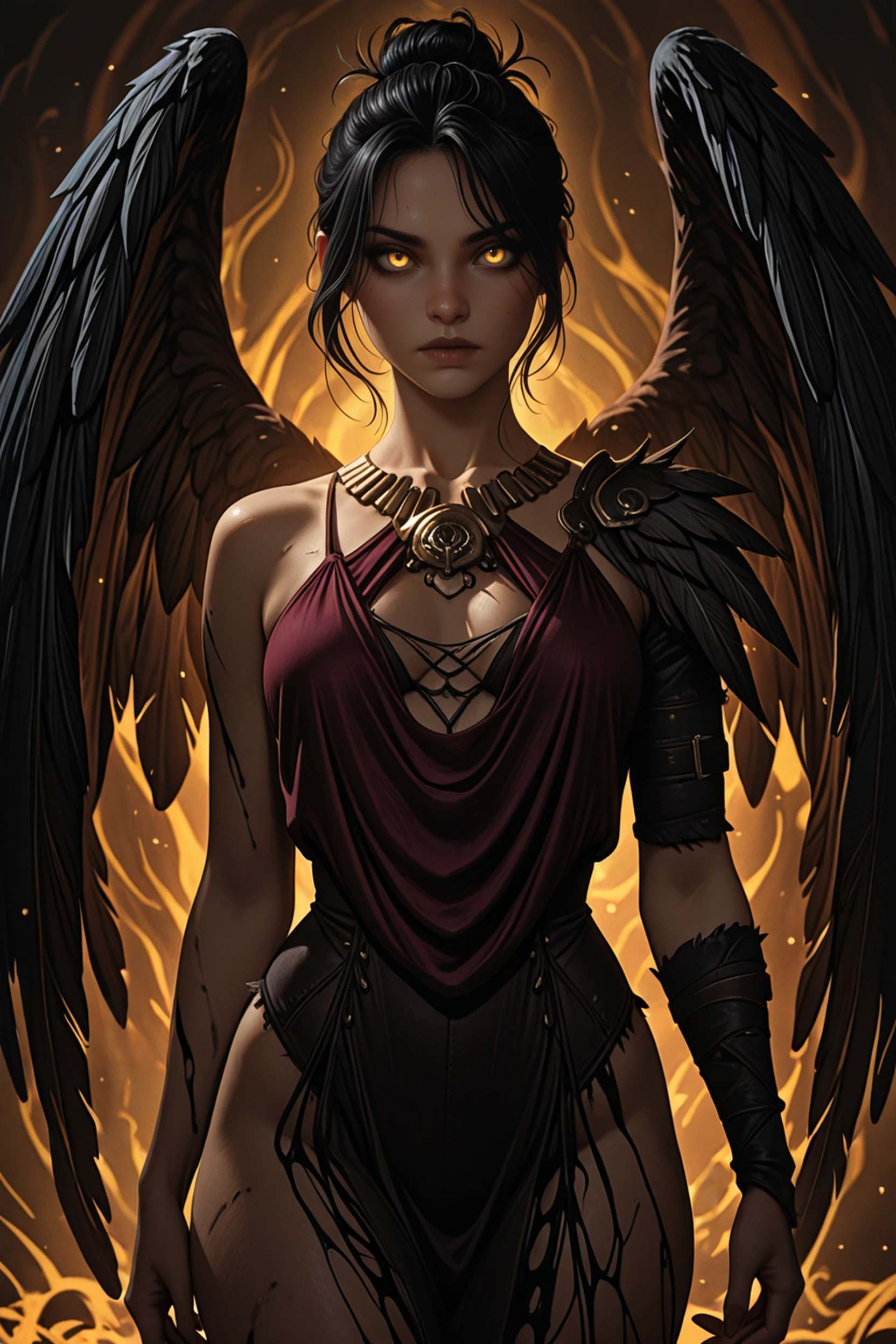 <lora:splatter_lora:1>, epic female warrior on fire ablaze in black and gold armor with angel wings, horror christian cathedral, nighttime,
dungeons and dragons,
dungeons and dragons,