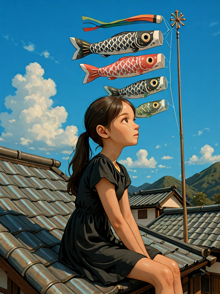 koinobori, windsock, kodomo no hi, 1girl, child, aged down, black dress, sky focus, looking up, sitting on roof, from side, overlooking, mountain, <lora:koinobori_ilxl:1>