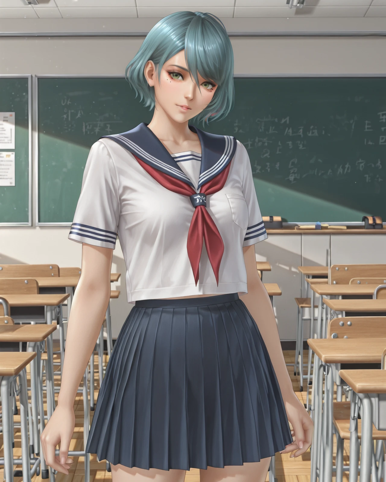tamaki \(doa vv\),aqua hair,short hair,green eyes,mole under eye,cowboy shot,serafuku,classroom,