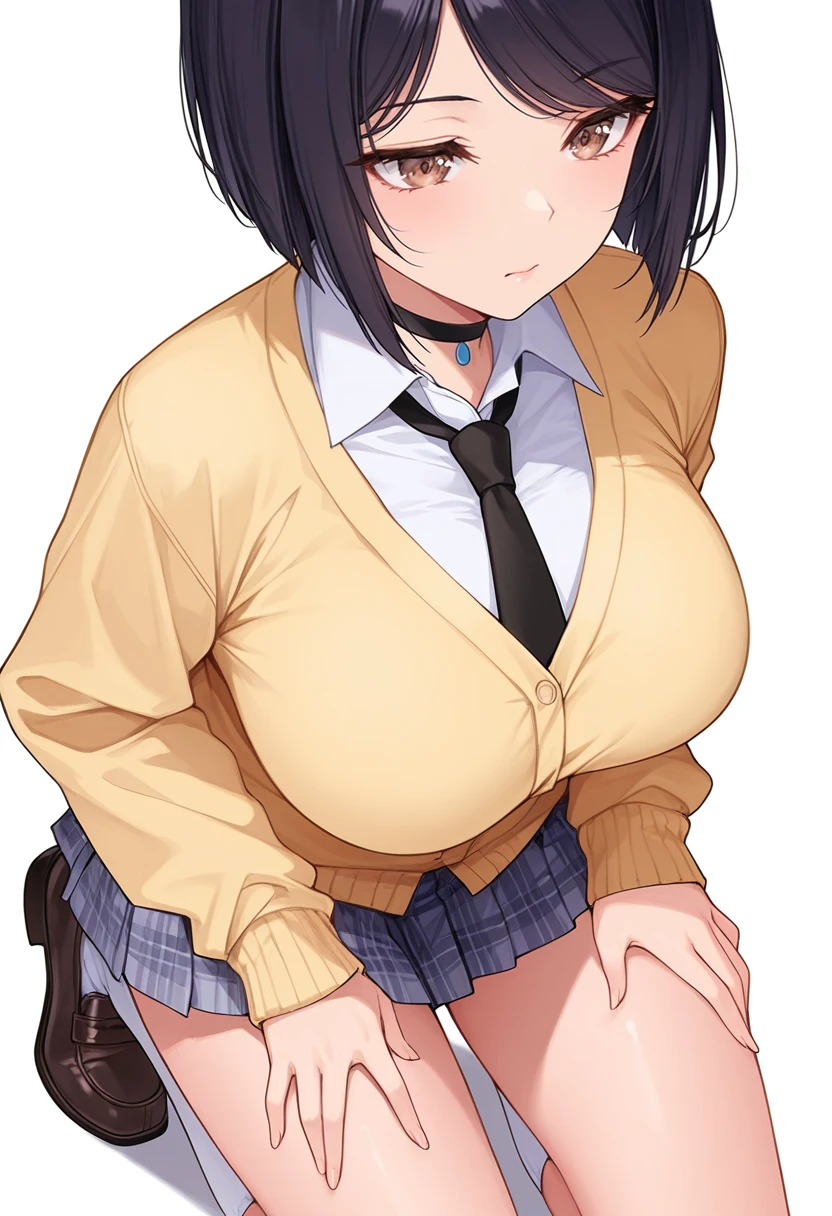 <lora:Fuchise_Sumire_CNR:0.8> sumire_cnr,black hair,short hair, bob cut, brown eyes, large breasts,school uniform,white shirt, collared shirt, black necktie,yellow cardigan, long sleeves, plaid skirt,white socks,black choker,black necktie, loafers, Smooth Quality,masterpiece,very intricate, high quality details, ultra realistic, high detailed skin,detailed enviorement,absurdres,, simple background, white background, from above,solo,
kneeling, hands on thighs, head slightly tilted, neutral expression, focused gaze, ,, x3,
