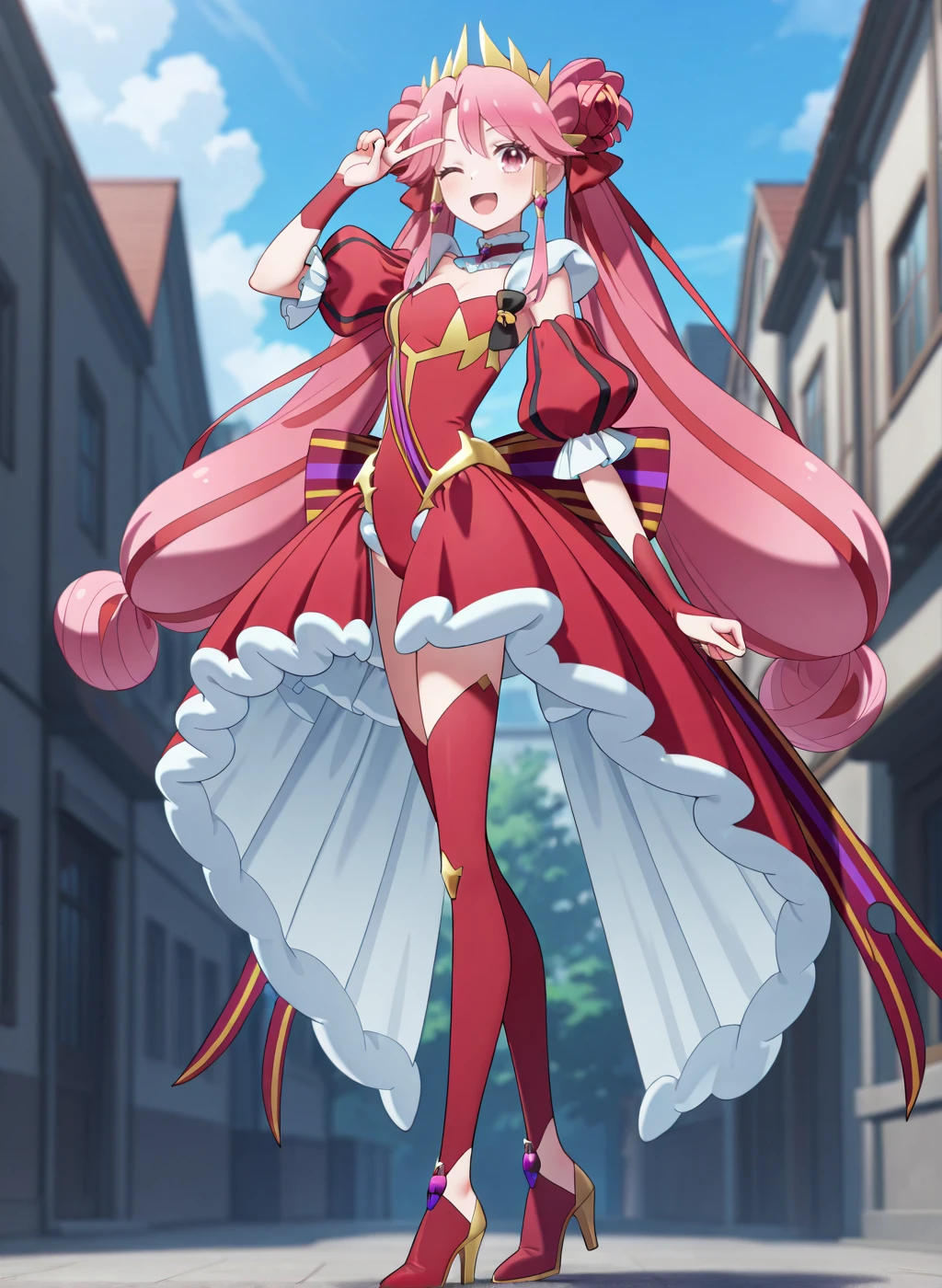 High quality,Ultra detailed,best quality,insanely detailed,beautiful,masterpiece,absurdres,very aesthetic,general BREAK
<lora:shirube_kagari_V1_NOOB:1>,(princess zeal, magical girl, pink hair, very long hair, double bun, twintails, hair ornament, pink eyes, red leotard, red sleeves, detached sleeves, jewelry, puffy sleeves, hair ribbon, bow,back bow,earrings,high heel boots,red skirt,red thigh boots,showgirl skirt,thigh boots),
1girl,solo,posing,
;d,standing,v,from side,outdoors,looking at viewer,