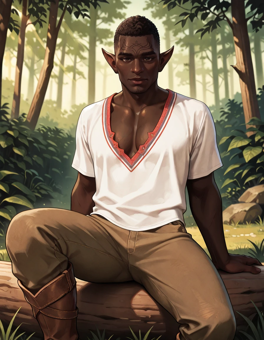 Athletic toned male, feminine, with soft facial features, dark brown skin, brown_body, has many freckles, leopard ears, bodypaint entire body, dressed in loincloth, cheap rags, narurist, magic user, mage preforming ritual, long very messy blond hair, ethnic African, floral hairdress
